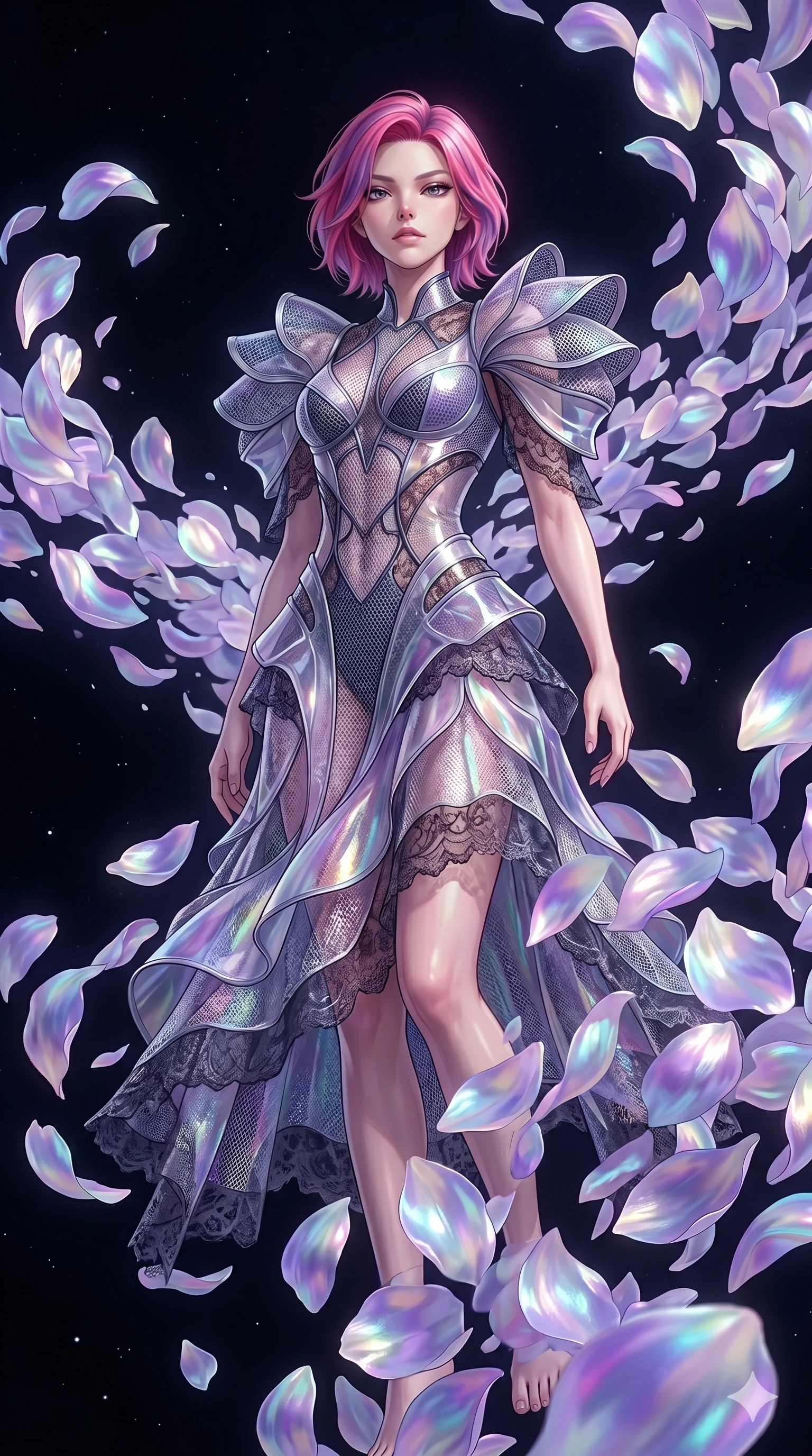 score_9, masterpiece, best quality, ultra-detailed, High-budget Anime Keyframe, East Asian woman. Low angle cowboy shot filling the entire 9:16 frame with her statuesque presence. Scenario 61: Dissolving into a cloud of iridescent silk petals in a void. Her presence is magnetic and overpowering in this high-budget anime scene. Outfit 61: A fine technical mesh texture lace avant-garde with a translucent architectural overlays and translucent layers. The clothing is designed to emphasize her exceptionally tall and slender 8-heads proportion. 8-heads proportion, towering silhouette, ultra-slim waist. sharp v-shaped jawline, intricate jewel-like eyes with depth, thick eyelashes, glossy lips. 2k, ultra detail, master piece, 9:16 ratio