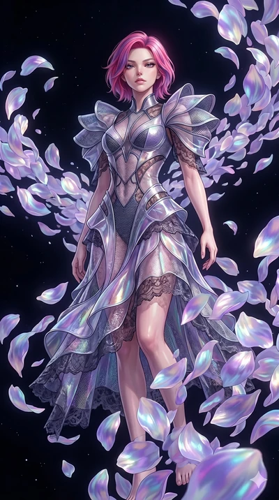 score_9, masterpiece, best quality, ultra-detailed, High-budget Anime Keyframe, East Asian woman. Low angle cowboy shot filling the entire 9:16 frame with her statuesque presence. Scenario 61: Dissolving into a cloud of iridescent silk petals in a vo