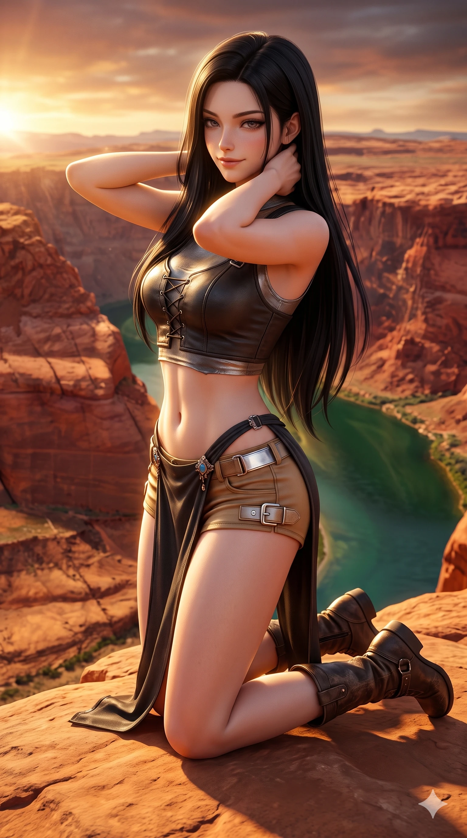score_9, masterpiece, best quality, ultra-detailed, high-budget anime keyframe, semi-realistic 3D game render, editorial fashion photography, tasteful artistic composition, Korean woman. close-up cowboy shot from the waist and thighs up, the character dominates the composition, filling the frame with her large presence. resting both hands lightly behind her neck with elbows raised, arching her spine to highlight her narrow waist, flat midriff, and breathtaking collarbones while kneeling gracefully on the warm red sandstone outcrop, one hand resting on the stone while gazing down into the emerald canyon waters with alluring bedroom-eyes. The surrounding environment is rendered in vivid detail and crisp panoramic clarity: detailed high-slit wrap cheongsam tailoring, jeweled clasp closures, and monumental canyon precipice in razor-sharp clarity. She has an exceptionally elegant, slender, and willowy female figure with an ultra-slim waist, flat toned midriff, narrow ribcage, and sculpted feminine hips creating an alluring, slim hourglass silhouette without bulk. sharp v-shaped jawline, high-bridge nose, sparkling eyes with hypnotic seductive depth, thick curled eyelashes, glossy parted lips with a natural dewy peach sheen, alluring bedroom-eyes with an enchanting coquettish smile, exuding magnetic siren charisma and sophisticated glamour, flawlessly proportioned anatomical accuracy, strict slender model proportions, natural body alignment, perfectly sculpted long slender limbs, ultra-slim waistline, clean dynamic posture without body distortion. wearing a sculpted matte leather crop bustier with lace-up front paired with tight low-slung moto-shorts in matte desert tan and polished chrome accents, woven from stretch metallic lurex jersey casting radiant starlight glints across her silhouette, complemented by rugged distressed leather motorcycle boots with silver buckle hardware, the form-contouring cut accentuating her sculpted flat midriff, narrow delicate ribcage, and gracefully curvy hips with intoxicating allure. bathed in the blinding, warm 2200K golden-hour rays of the setting sun casting brilliant specular highlights along her silhouette. highly saturated vibrant anime colors, detailed shading with soft gradients, rich glossy textures, high-contrast stereoscopic depth, volumetric dynamic lighting, master piece, 9:16 ratio