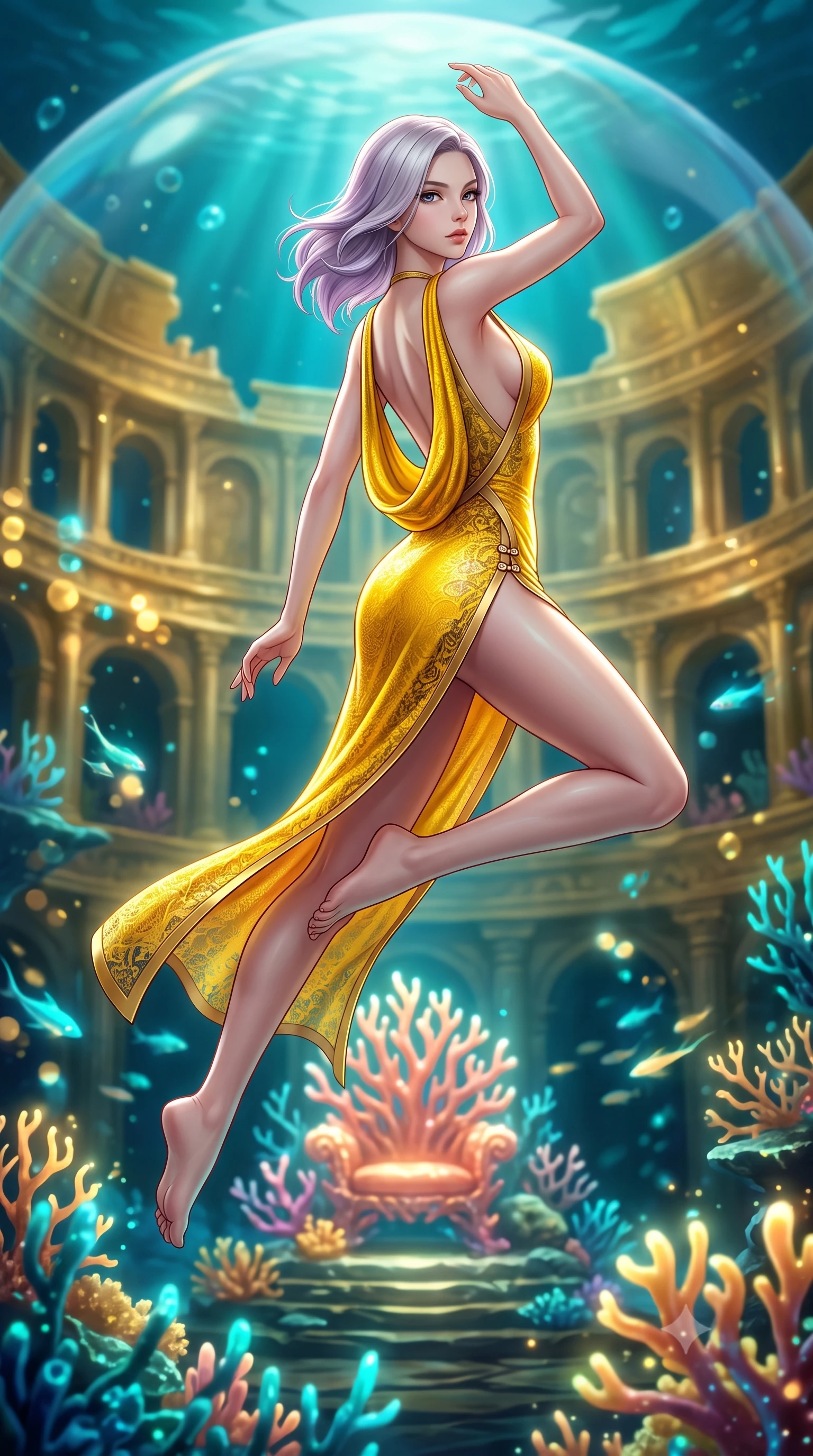 score_9, masterpiece, best quality, ultra-detailed, high-budget anime keyframe, semi-realistic 3D game render, editorial fashion photography, tasteful artistic composition, Caucasian woman. low angle full-body shot from head to toe showing her feet, filling the entire 9:16 vertical frame with her statuesque presence, stretching her vertical silhouette. leaping through mid-air with an athletic yet alluring arch of her spine, her impossibly long slender legs stretched in flawless poise while reclining gracefully on a glowing coral throne inside an ancient sunken golden amphitheatre beneath an air-bubble dome. The composition keeps background elements in soft focus with creamy bokeh. glowing sea-coral formations and swimming bioluminescent rays blurred into rich turquoise and golden bokeh. She has an absolutely perfect, statuesque 8.5-heads proportion, an exceptionally tall and slender model-like female figure with impossibly long slender legs, a toned flat midriff, and an ultra-slim waist. sharp v-shaped jawline, high-bridge nose, intricate jewel-like eyes with depth, thick eyelashes, glossy lips with a natural sheen, flawlessly proportioned anatomical accuracy, strict slender model proportions, natural body alignment, perfectly sculpted long slender limbs, ultra-slim waistline, clean dynamic posture without body distortion. wearing a precision-fitted liquid jersey bodycon dress with a dramatic draped cowl back that swoops down to her waist and a high side slit in vibrant sunburst canary yellow and gold trim, crafted from delicate dark lace interwoven with luminescent micro-fibers, finished with an ultra-high side slit secured by miniature magnetic clasps, the precision-cut daring openings accentuating her delicate midriff, graceful bare collarbones, and ultra-slim feminine waistline. surrounded by an opulent, mystical, and breathtakingly sensual underwater kingdom aura. highly saturated vibrant anime colors, detailed shading with soft gradients, rich glossy textures, high-contrast stereoscopic depth, volumetric dynamic lighting, master piece, 9:16 ratio