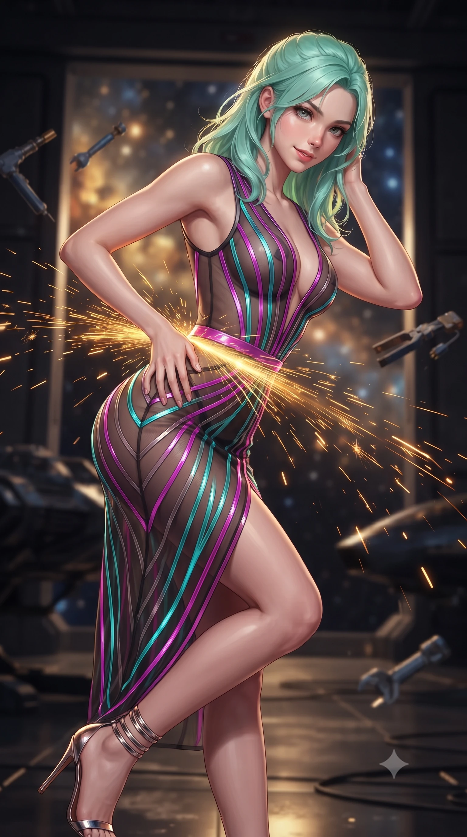 score_9, masterpiece, best quality, ultra-detailed, high-budget anime keyframe, editorial fashion photography, tasteful artistic composition, Japanese woman. close-up cowboy shot from the waist and thighs up, the character dominates the composition, filling the frame with her large presence. leaning forward while arching her lower back to accentuate her curvy hips, looking into the camera with an intoxicating smoldering gaze and bedroom-eyes while twisting her slender torso in an alluring contrapposto stance, cascades of welding sparks painting dynamic molten gold light ribbons across her narrow waist and hips. The background shows a soft-focus cascades of golden welding sparks bouncing off dark starship armor, floating zero-g tools, and open hangar doors revealing distant star nebulae blurred into gold, copper, and sapphire bokeh. She has an exceptionally elegant, slender, and willowy female figure with an ultra-slim waist, flat toned midriff, narrow ribcage, and sculpted feminine hips creating an alluring, slim hourglass silhouette without bulk. sharp v-shaped jawline, high-bridge nose, intricate jewel-like sparkling eyes with depth, thick eyelashes, glossy parted lips with a natural peach sheen, bright cheerful beaming smile with an enchanting and coquettish sensual glint, exuding both youthful cute charm and seductive allure, flawlessly proportioned anatomical accuracy, strict slender model proportions, natural body alignment, perfectly sculpted long slender limbs, ultra-slim waistline, clean dynamic posture without body distortion. wearing a plunge-front sheer illusion tulle combat slip dress with liquid platinum ribbon stripes hugging her curves in Kowloon neon magenta and electric teal, featuring strategic sheer-illusion tulle side panels framing her ribcage and hips, complemented by strappy stiletto sandals with metallic ankle wraps accentuating her slender calves, the high-slit wrap tailoring accentuating her ultra-slim waistline and the enchanting curve of her feminine hips with alluring seductive charm. bathed in high-contrast golden welding arcs contrasted with deep obsidian shadow gradients and starlight. ultra-reflective glossy finish, specular highlights, rich textural contrasts, high-contrast stereoscopic depth, volumetric dynamic lighting, 2k, ultra detail, master piece, 9:16 ratio