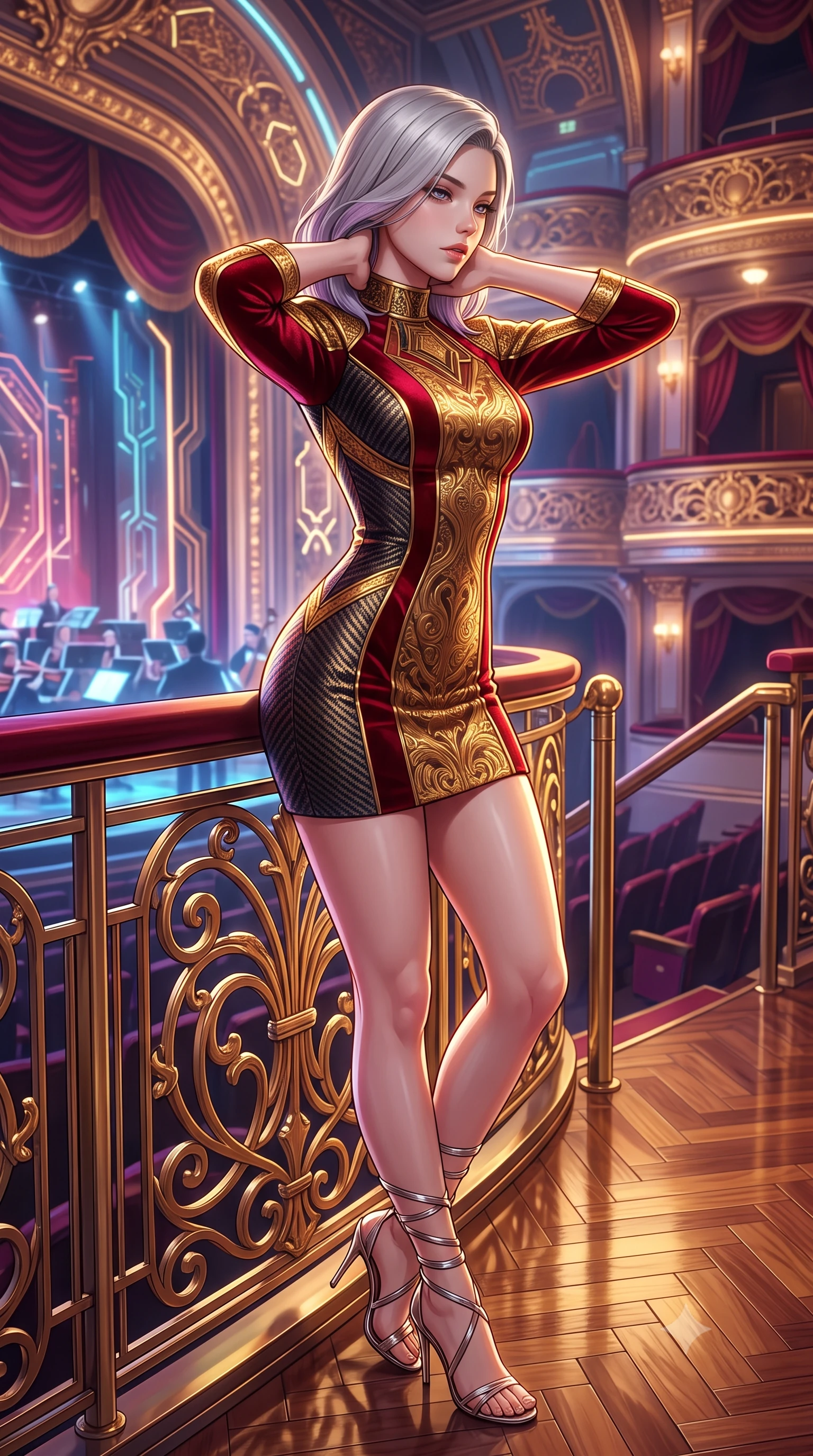 score_9, masterpiece, best quality, ultra-detailed, high-budget anime keyframe, semi-realistic 3D game render, editorial fashion photography, tasteful artistic composition, Caucasian woman. close-up cowboy shot from the waist and thighs up, the character dominates the composition, filling the frame with her large presence. resting both hands lightly behind her neck with elbows raised, arching her spine to highlight her narrow waist, flat midriff, and breathtaking collarbones while leaning against the gold-filigree cybernetic opera box balustrade with hips cocked back, gazing down at the holographic orchestra pit with smoldering bedroom-eyes. The surrounding environment is rendered in vivid detail and crisp panoramic clarity: detailed anime keyframe lines, rich fabric textures, and monumental cyber-baroque architecture in razor-sharp precision. She has an exceptionally elegant, slender, and willowy female figure with an ultra-slim waist, flat toned midriff, narrow ribcage, and sculpted feminine hips creating an alluring, slim hourglass silhouette without bulk. sharp v-shaped jawline, high-bridge nose, intricate jewel-like sparkling eyes with depth, thick eyelashes, glossy parted lips with a natural peach sheen, bright cheerful beaming smile with an enchanting and coquettish sensual glint, exuding both youthful cute charm and seductive allure, flawlessly proportioned anatomical accuracy, strict slender model proportions, natural body alignment, perfectly sculpted long slender limbs, ultra-slim waistline, clean dynamic posture without body distortion. wearing a futuristic architectural jacquard shift dress with geometric high neckline and bracelet sleeves in Cyber-Baroque gilded gold and royal crimson velvet, woven from structured carbon-fiber jacquard with rich textural depth, complemented by strappy stiletto sandals with metallic ankle wraps accentuating her slender calves, the bespoke structured tailoring following the natural line of her 8.5-heads silhouette with refined elegance. illuminated by polished parquet reflection bounce and sharp gold-plasma rim lights sculpting her jawline, narrow waist, and curvy hips. highly saturated vibrant anime colors, detailed shading with soft gradients, rich glossy textures, high-contrast stereoscopic depth, volumetric dynamic lighting, master piece, 9:16 ratio