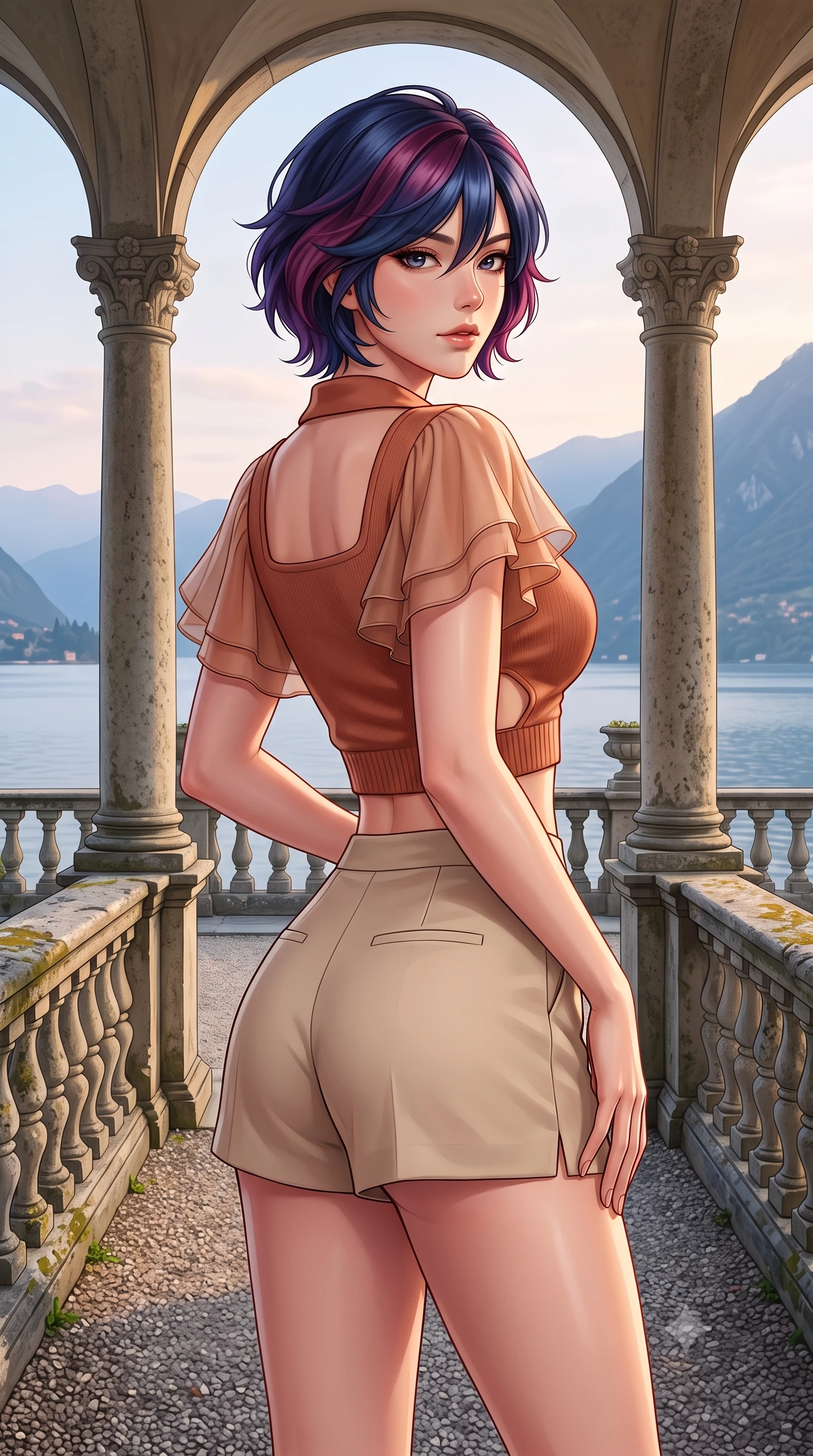 score_9, masterpiece, best quality, ultra-detailed, high-budget anime keyframe, semi-realistic 3D game render, editorial fashion photography, tasteful artistic composition, Korean woman. close-up cowboy shot from the waist and thighs up, the character dominates the composition, filling the frame with her large presence. posing in an alluring rear three-quarter angle, turning over a bare shoulder with an intoxicating sunlit gaze, her hips cocked back to highlight her slim hourglass curve while standing between the classical stone arches of the iconic lakefront loggia, arching her back with regal elegance against the mountain-framed lake. The surrounding environment is rendered in vivid detail and crisp panoramic clarity. sharp carved limestone column details, ancient stone balustrade lichens, and gravel garden path texture in deep focus. She has an exceptionally elegant, slender, and willowy female figure with an ultra-slim waist, flat toned midriff, narrow ribcage, and sculpted feminine hips creating an alluring, slim hourglass silhouette without bulk. sharp v-shaped jawline, high-bridge nose, sparkling amber-hazel eyes with depth, long lush eyelashes, glossy sun-kissed lips with a warm coral glaze, radiant teasing smile with sensual sunlit bedroom-eyes, exuding effortless old-money elegance and intoxicating sun-drenched allure, flawlessly proportioned anatomical accuracy, strict slender model proportions, natural body alignment, perfectly sculpted long slender limbs, ultra-slim waistline, clean dynamic posture without body distortion. wearing a chic cropped knit polo sweater paired with high-cut tailored tennis shorts hugging her rounded hips in Mediterranean terracotta and warm oatmeal beige, woven from layered gossamer organza with weightless flutter, featuring elegant flutter sleeves and a graceful square neckline, the precision-cut side openings and low-back scoop framing her graceful spine and the sensual sweep of her slim, sun-kissed hips. bathed in soft romantic evening light descending over the Como alpine basin. highly saturated vibrant anime colors, detailed shading with soft gradients, rich glossy textures, high-contrast stereoscopic depth, volumetric dynamic lighting, master piece, 9:16 ratio
