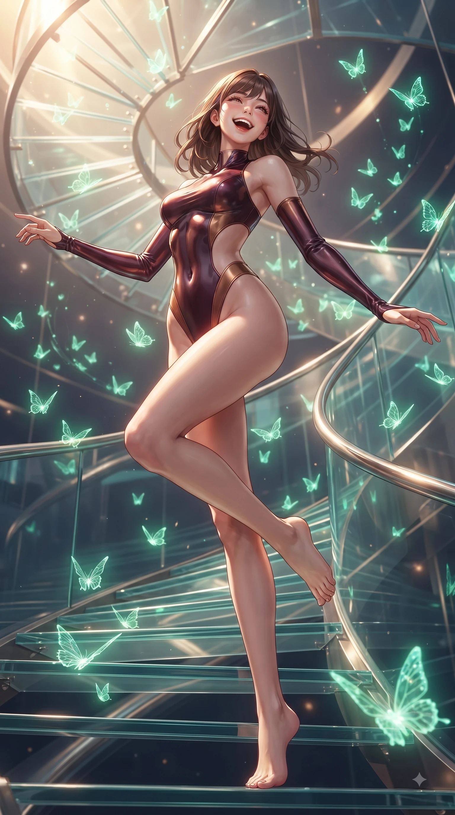 score_9, masterpiece, best quality, ultra-detailed, high-budget anime keyframe, editorial fashion photography, tasteful artistic composition, Korean woman. low angle full-body shot from head to toe showing her feet, filling the entire 9:16 vertical frame with her statuesque presence, stretching her vertical silhouette. pivoting dynamically in zero-gravity with a delighted laughing expression, displaying her perfect model proportions while ascending a vertical glass spiral staircase with a cheerful beaming expression, hundreds of bioluminescent glass butterflies fluttering around her in cheerful light trails. She has an absolutely perfect, statuesque 8.5-heads proportion, an exceptionally tall and slender model-like female figure with impossibly long slender legs and an ultra-slim waist. sharp v-shaped jawline, high-bridge nose, intricate jewel-like eyes with depth, thick eyelashes, glossy lips with a natural sheen, flawlessly proportioned anatomical accuracy, natural body alignment, perfectly sculpted elegant limbs, clean dynamic posture without body distortion. wearing an asymmetrical high-cut tech-bodysuit with detached sleeves in deep burgundy and bronze, crafted from smooth liquid silk, featuring clean architectural cutouts along her slender torso, the form-contouring material highlighting her ultra-slim waist and long lines. bathed in warm golden sunlight and bright emerald bioluminescent glow. ultra-reflective glossy finish, specular highlights, metallic sheen, high-contrast stereoscopic depth, volumetric dynamic lighting, 2k, ultra detail, master piece, 9:16 ratio