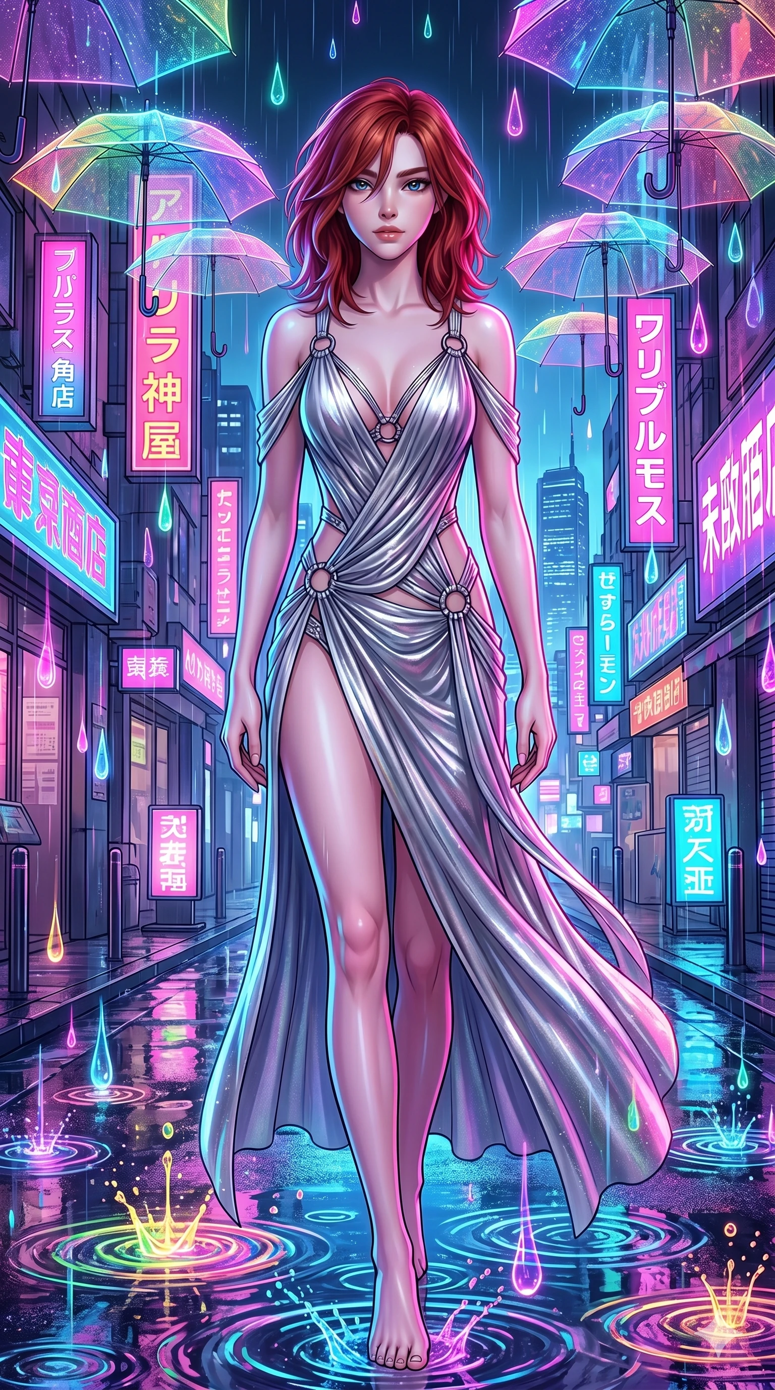 score_9, masterpiece, best quality, ultra-detailed, high-budget anime keyframe, Japanese woman. upper body close-up from the thighs up, character filling the screen for maximum presence. navigating a wet neon-lit future street under colorful floating umbrellas as translucent neon raindrops fall, creating brilliant splash ripples. She has an absolutely perfect 8-heads proportion, an exceptionally tall and slender female figure with impossibly long slender legs and an ultra-slim waist. V-shaped jawline, high-bridge nose, intricate jewel-like eyes with depth, thick eyelashes, glossy lips with a natural sheen.. wearing a draped Grecian cyber-gown, featuring draped silver metallic chiffon held by metal ring hardware, displaying a high-leg line. bathed in brilliant cinematic volumetric lighting and intense neon rim light highlighting her slender form. 2k, ultra detail, master piece, 9:16 ratio