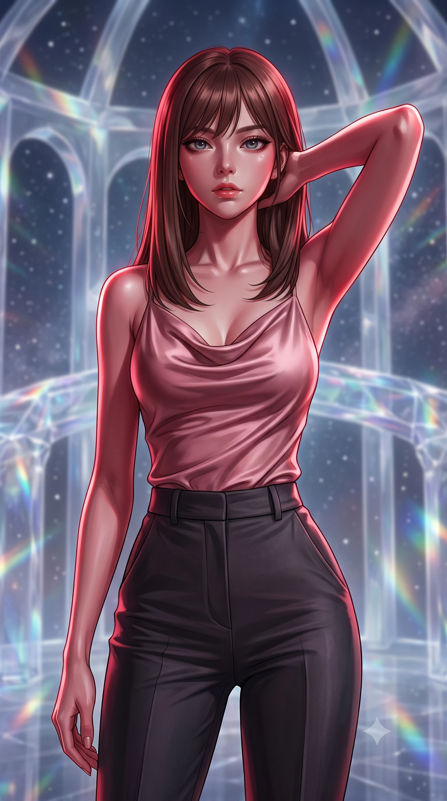 score_9, masterpiece, best quality, ultra-detailed, high-budget anime keyframe, editorial fashion photography, tasteful artistic composition, Korean woman. close-up cowboy shot from the waist and thighs up, the character dominates the composition, filling the frame with her large presence, background elements kept in soft focus. Placing one hand behind her head with confident body language and a direct stare. set against a soft-focus background of a palace carved from the translucent interior of a crystal moon whose walls of clear selenite reveal the star-filled cosmos outside with chambers connected by prismatic crystal bridges and arches. She has an exceptionally elegant and slender, willowy female figure with an ultra-slim waist, a gracefully sculpted slender torso, and a refined slim physique. sharp v-shaped jawline, high-bridge nose, intricate jewel-like eyes with depth, thick eyelashes, glossy lips with a natural sheen. wearing a draped cowl-neck top in dusty pink satin, paired with high-waisted tailored trousers in deep charcoal. deep crimson theatrical lighting with sharp specular highlights on every curve. 2k, ultra detail, master piece, 9:16 ratio