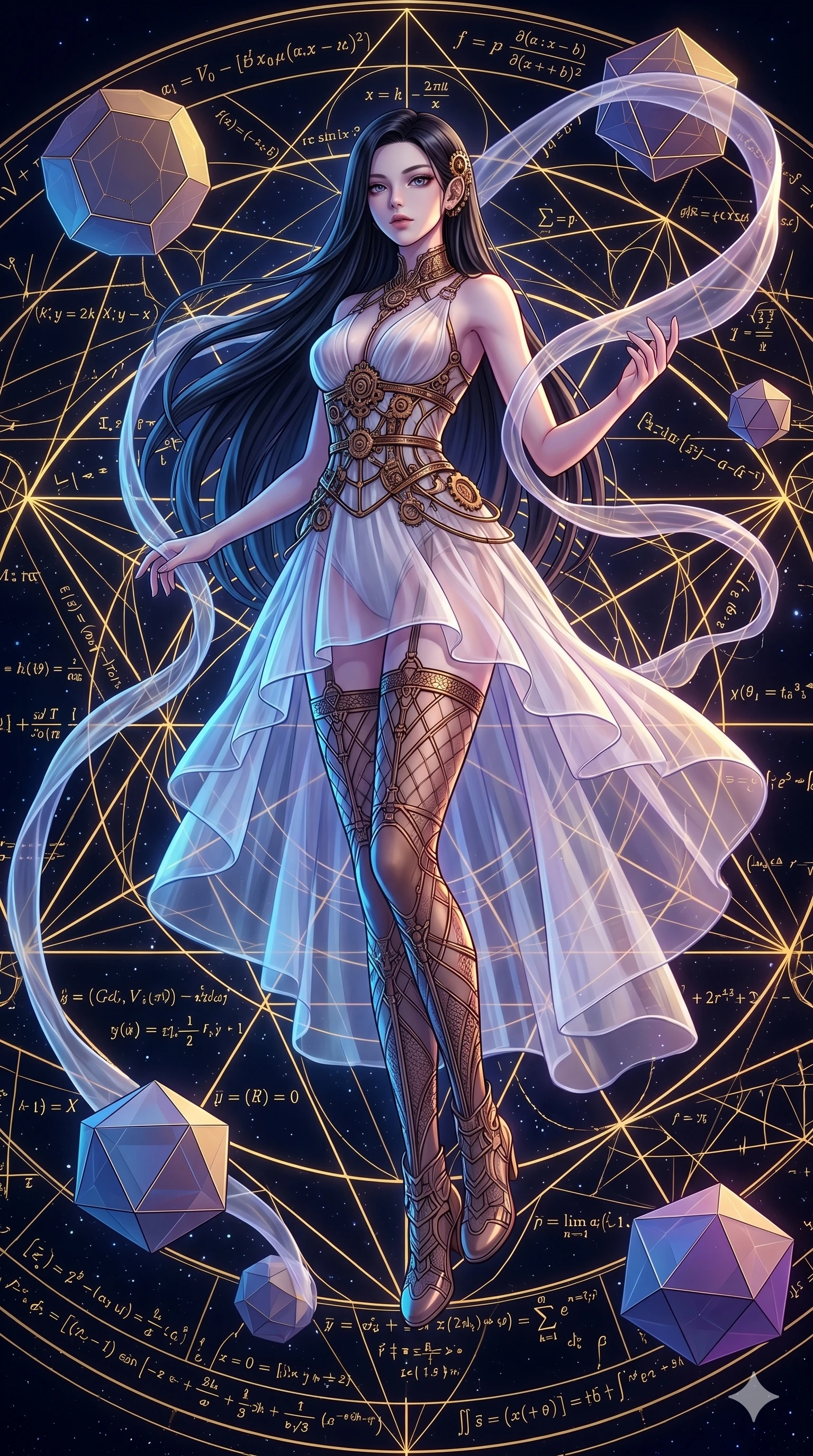 score_9, masterpiece, best quality, ultra-detailed, high-budget anime keyframe, Caucasian woman, strictly human ears. low angle full-body shot filling the entire 9:16 frame with her statuesque presence, stretching the vertical silhouette. floating gracefully in a mathematical mandala void filled with golden geometric lines of complex formulas, holding a translucent ribbon as she glides between floating regular polyhedrons. She has an absolutely perfect 8-heads proportion, an exceptionally tall and slender female figure with impossibly long slender legs and an ultra-slim waist. V-shaped jawline, high-bridge nose, intricate jewel-like eyes with depth, thick eyelashes, glossy lips with a natural sheen.. wearing a chrono-gear wire harness couture, featuring micro-bronze gear wire harness cinching her waist, over a sheer white organza dress. accented by dynamic color-blocked lighting with high-contrast shadows emphasizing her statuesque height. 2k, ultra detail, master piece, 9:16 ratio