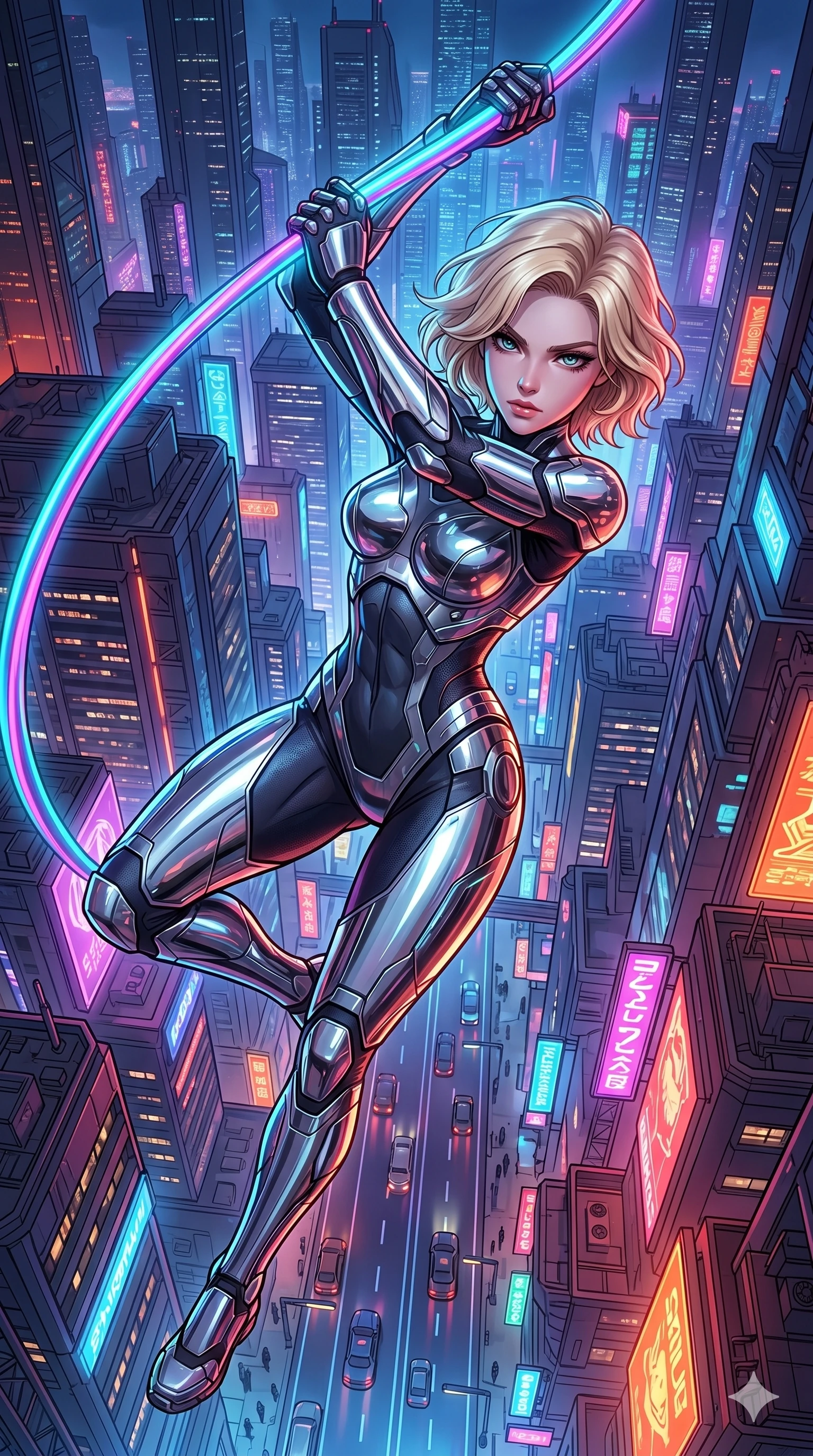score_9, masterpiece, best quality, ultra-detailed, high-budget anime movie keyframe, cinematic anime lighting, intricate line art, Caucasian (strictly human ears) woman. Low angle cowboy shot capturing a powerful motion and statuesque presence. swinging from a neon cable high above a sprawling mega-city. She has an graceful and slender female figure with elegant proportions. strictly human anatomy, two legs only, no extra limbs, clearly defined legs and arms, well-defined anatomy, perfect hands and fingers. sharp v-shaped jawline, high-bridge nose, intricate jewel-like eyes, thick eyelashes, glossy lips. Wearing Cyber-Tech Legacy: Futuristic tech-outfit with sleek panels and a chrome-plated aesthetic. The scene is illuminated by dramatic atmospheric lighting and vibrant color palettes. , 2k, ultra detail, master piece, 9:16 ratio