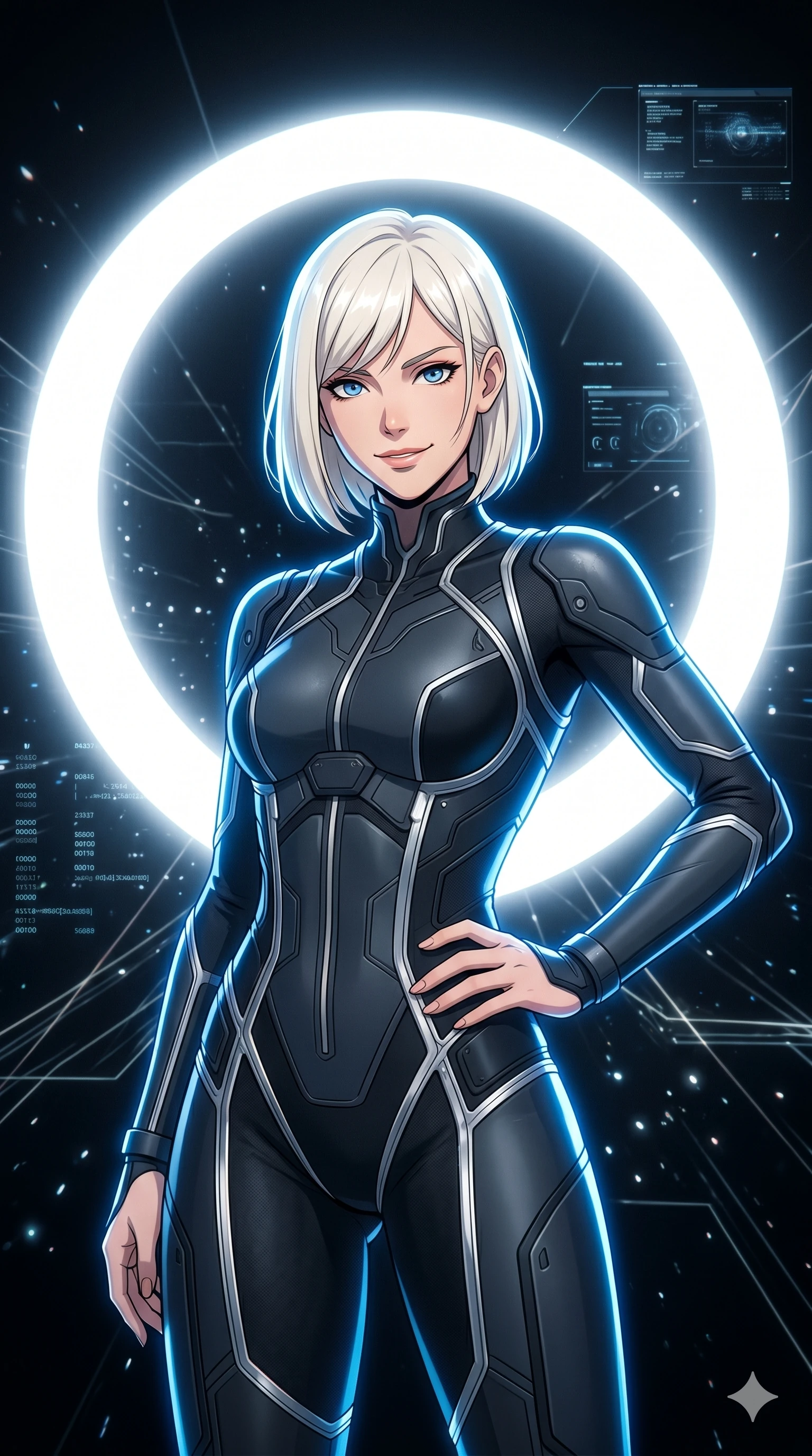 score_9, masterpiece, best quality, ultra-detailed, high-budget anime keyframe, editorial fashion photography, tasteful artistic composition, Caucasian woman, strictly human ears. Upper body close-up from the thighs up, character filling the screen for maximum presence. Inside a digital void, next to a giant glowing ring of light, standing inside the ring, looking towards the camera with a confident smile. She is wearing a sleek tech-jumpsuit with dark matte panels and reflective silver piping. The scene is drenched in the bright white light of the ring and a sharp blue rim light. 2k, ultra detail, master piece, 9:16 ratio