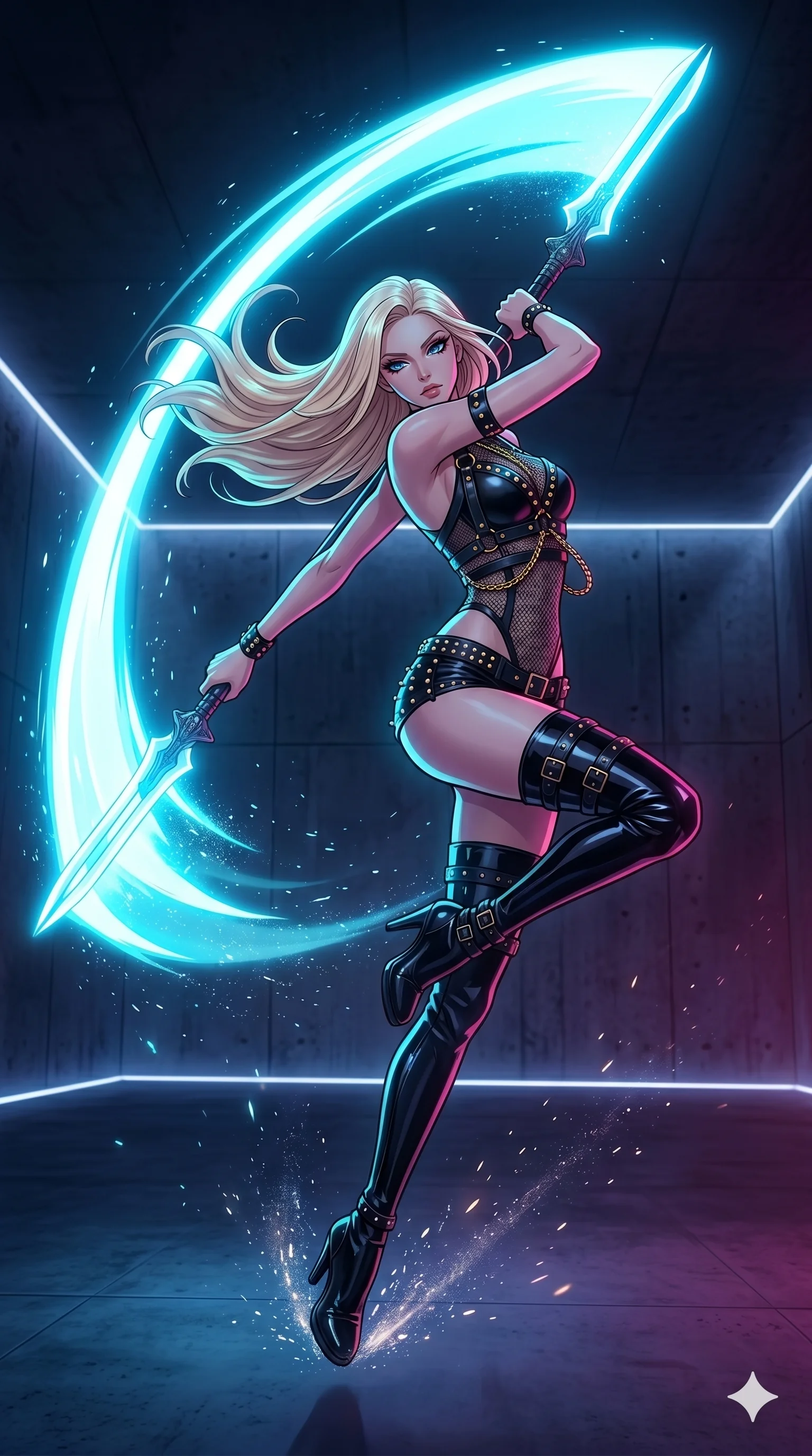 score_9, masterpiece, best quality, ultra-detailed, high-budget anime movie keyframe, cinematic anime lighting, intricate line art, Japanese anime girl. Mid-air action shot capturing a graceful twist and vertical silhouette. spinning a double-edged light-saber in a dark, minimalist room. She has an absolutely perfect 8-heads proportion, an exceptionally tall and slender female figure with an ultra-slim waist and impossibly long slender legs. strictly human anatomy, two legs only, no extra limbs, clearly defined legs and arms, perfect anatomy, perfect hands and fingers. sharp v-shaped jawline, high-bridge nose, intricate jewel-like eyes, thick eyelashes, glossy lips. Wearing K-Idol Stage: Leather harness over mesh, high-cut bodysuit, studded micro-shorts, and thigh-high patent boots. The scene is illuminated by dramatic atmospheric lighting and vibrant color palettes. , 2k, ultra detail, master piece, 9:16 ratio