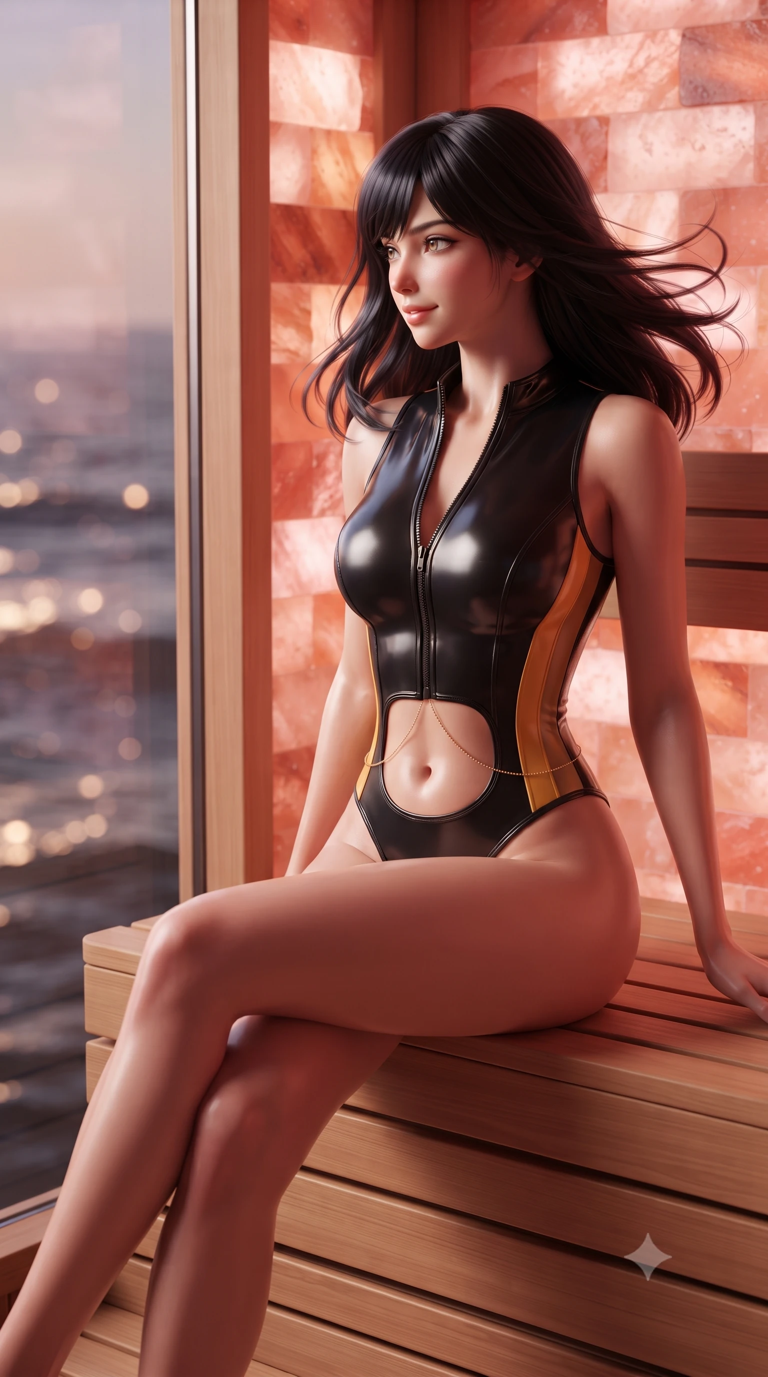 score_9, masterpiece, best quality, ultra-detailed, high-budget anime keyframe, editorial fashion photography, tasteful artistic composition, Caucasian woman. close-up cowboy shot from the waist and thighs up, the character dominates the composition, filling the frame with her large presence. turning slowly with an enchanting smoldering smile, her glossy hair tossing in the breeze as her hips angle gracefully in a captivating contrapposto while sitting poised on the warm cedar sauna bench with legs crossed, looking through the one-way glass wall at dark whispering ocean waves. The background shows a soft-focus glowing pink Himalayan salt brick walls, fragrant cedar wood planks, and dark ocean waves outside glass blurred into rose-gold, amber, and indigo bokeh. She has an exceptionally elegant, slender, and willowy female figure with an ultra-slim waist, flat toned midriff, narrow ribcage, and sculpted feminine hips creating an alluring, slim hourglass silhouette without bulk. sharp v-shaped jawline, high-bridge nose, sparkling eyes with hypnotic seductive depth, thick curled eyelashes, glossy parted lips with a natural dewy peach sheen, alluring bedroom-eyes with an enchanting coquettish smile, exuding magnetic siren charisma and sophisticated glamour, flawlessly proportioned anatomical accuracy, strict slender model proportions, natural body alignment, perfectly sculpted long slender limbs, ultra-slim waistline, clean dynamic posture without body distortion. wearing a form-contouring wet-look neoprene zip-front maillot with high-cut leg openings and racing side stripes in warm amber honey and antique gold leaf, woven from buttery-soft stretch lambskin leather adhering to her body like a second skin, accented with a dainty gold belly chain resting across her flat midriff and curving hips, the second-skin tailored fabric adhering flawlessly to her sculpted flat midriff and slender torso, emphasizing her long leg lines and perfectly proportioned willowy build. bathed in warm therapeutic pink-and-amber glow radiating through translucent Himalayan salt blocks. ultra-reflective glossy finish, specular highlights, rich textural contrasts, high-contrast stereoscopic depth, volumetric dynamic lighting, 2k, ultra detail, master piece, 9:16 ratio