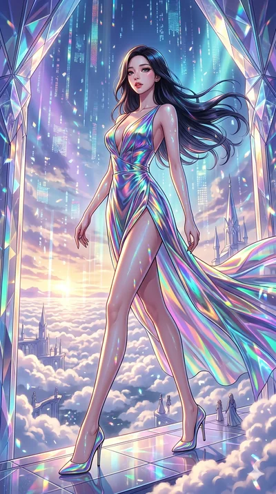 score_9, masterpiece, best quality, ultra-detailed, high-budget anime movie keyframe, cinematic anime lighting, intricate line art, Korean woman. Dynamic full-body shot stretching the vertical silhouette across the 9:16 frame. navigating a sea of clo
