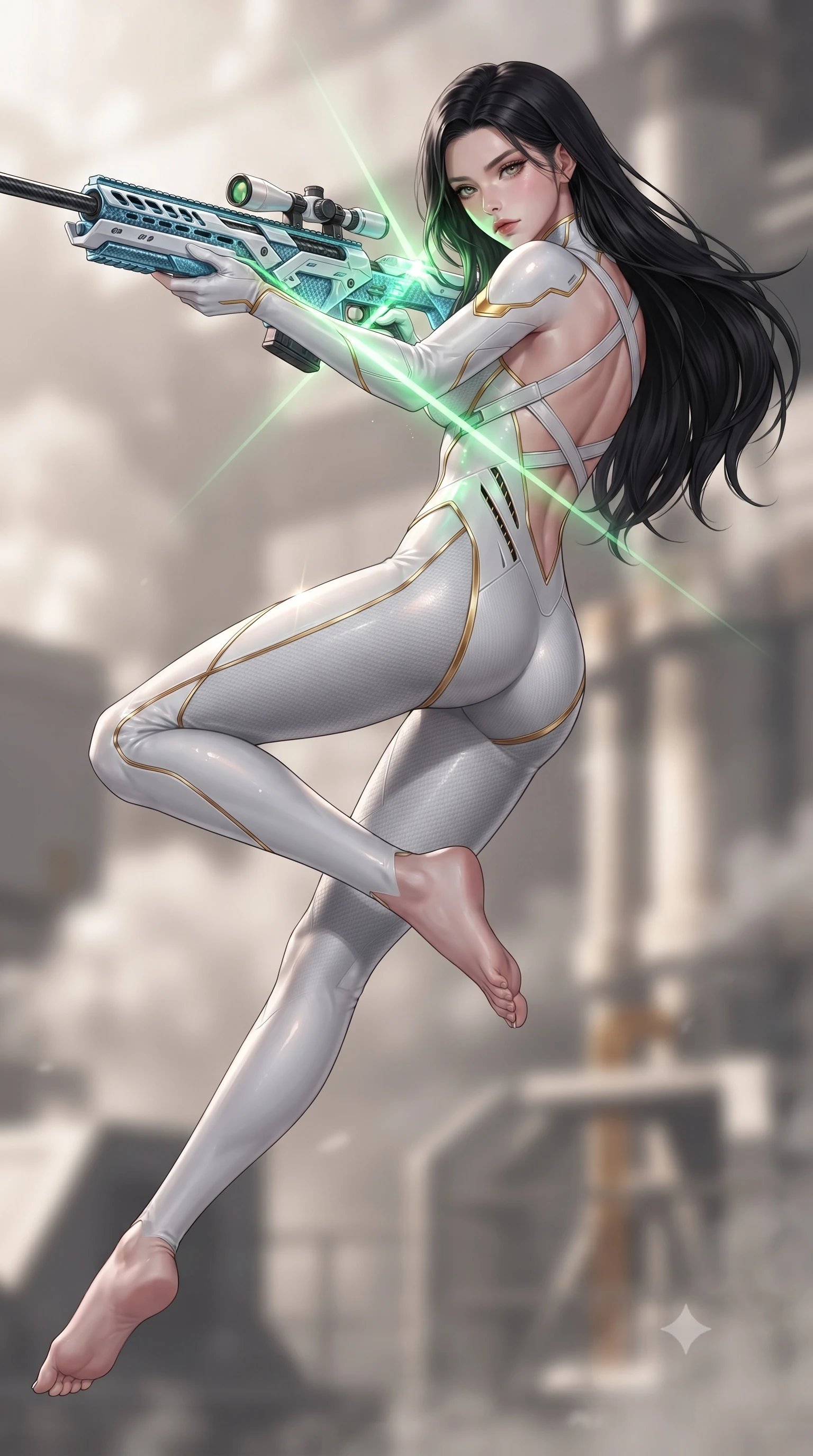 score_9, masterpiece, best quality, ultra-detailed, high-budget anime keyframe, editorial fashion photography, tasteful artistic composition, Korean woman. low angle full-body shot from head to toe showing her feet, filling the entire 9:16 vertical frame with her statuesque presence, stretching her vertical silhouette. performing an alluring mid-air combat landing with flawless poise, looking directly into the camera with regal, deadly intensity while pivoting dynamically as a pure photon arrow forms in her fingers, casting radiant green light across her sculpted flat midriff. The composition keeps background elements in soft focus with creamy bokeh. industrial reactor support pillars and steam condensation vents softened in dreamy atmospheric depth. She has an absolutely perfect, statuesque 8.5-heads proportion, an exceptionally tall and slender model-like female figure with impossibly long slender legs, a toned flat midriff, and an ultra-slim waist. sharp v-shaped jawline, high-bridge nose, intricate jewel-like eyes with depth, thick eyelashes, glossy lips with a natural sheen, flawlessly proportioned anatomical accuracy, strict slender model proportions, natural body alignment, perfectly sculpted long slender limbs, ultra-slim waistline, clean dynamic posture without body distortion. wearing a form-contouring arctic white carbon-composite battle-suit with solar gold trim and diagonal midriff vents, aiming a precision carbon-fiber railgun sniper rifle with divine focus in glacial ice-cyan carbon mesh with pure white armor plates, crafted from ultra-strong woven carbon-fiber composite with a satin luster, complemented by criss-cross back harness straps highlighting her completely bare spine, the glove-like aerodynamic second-skin fit tightly clinging to her ultra-slender waist and athletic curves without adding bulk, accentuating her razor-sharp statuesque lines and slim hourglass silhouette. illuminated by crisp white key lighting with sharp specular highlights tracing her slender curves. ultra-reflective glossy finish, specular highlights, dark metallic sheen, high-contrast stereoscopic depth, volumetric dynamic lighting, 2k, ultra detail, master piece, 9:16 ratio