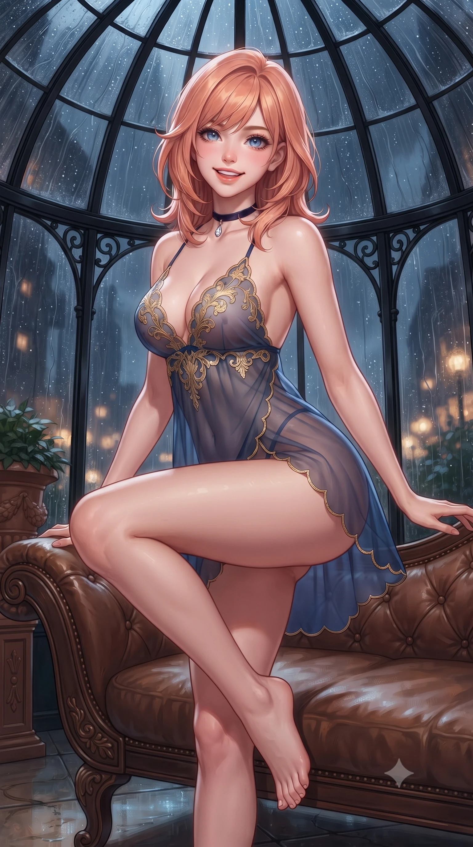 score_9, masterpiece, best quality, ultra-detailed, high-budget anime keyframe, editorial fashion photography, tasteful artistic composition, Japanese woman. close-up cowboy shot from the waist and thighs up, the character dominates the composition, filling the frame with her large presence. perched sideways on the lounge seat, one knee drawn up to showcase her slender leg line while her arched back accentuates her feminine hip curve while standing poised beneath the curved Victorian wrought-iron glass dome, arching her spine with high-fashion ease as nocturnal London rain taps against the glass. The surrounding environment is rendered in vivid detail and crisp panoramic clarity: sharp curved black iron structural ribs, individual water droplets running on glass panes, and terracotta planter relief in deep focus. She has an exceptionally elegant, slender, and willowy female figure with an ultra-slim waist, flat toned midriff, narrow ribcage, and sculpted feminine hips creating an alluring, slim hourglass silhouette without bulk. sharp v-shaped jawline, high-bridge nose, intricate jewel-like sparkling eyes with depth, thick eyelashes, glossy parted lips with a natural peach sheen, bright cheerful beaming smile with an enchanting and coquettish sensual glint, exuding both youthful cute charm and seductive allure, flawlessly proportioned anatomical accuracy, strict slender model proportions, natural body alignment, perfectly sculpted long slender limbs, ultra-slim waistline, clean dynamic posture without body distortion. wearing an alluring semi-sheer silk organza babydoll slip with plunging gold-embroidered neckline and scalloped hem in Thames nocturnal sapphire and liquid platinum, woven from buttery-soft stretch lambskin leather adhering to her body like a second skin, finished with a thin velvet ribbon choker and a single teardrop diamond pendant, the high-slit wrap tailoring accentuating her ultra-slim waistline and the enchanting curve of her feminine hips with alluring seductive charm. illuminated by wet glass refraction bounce and sharp champagne-gold rim lights sculpting her features, flat midriff, and slender waist. ultra-reflective glossy finish, specular highlights, rich textural contrasts, high-contrast stereoscopic depth, volumetric dynamic lighting, 2k, ultra detail, master piece, 9:16 ratio