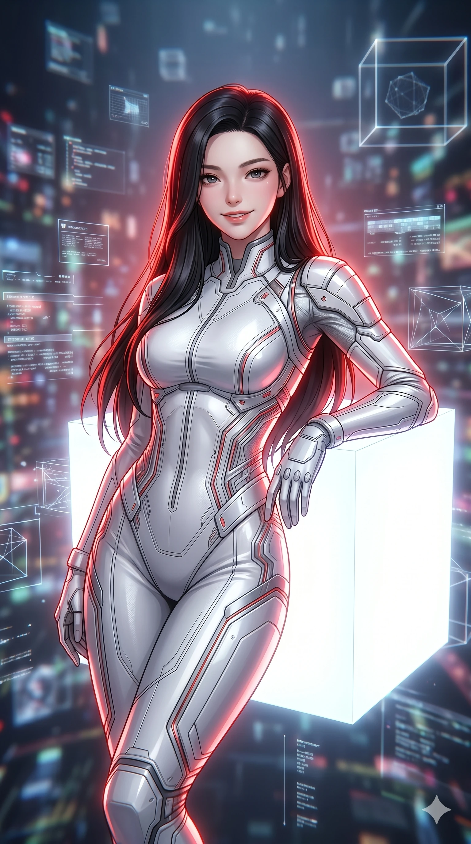 score_9, masterpiece, best quality, ultra-detailed, high-budget anime keyframe, Korean woman. Upper body close-up from the thighs up, character filling the screen for maximum presence. Inside a digital void, next to a giant floating cube of light, leaning against the cube, looking towards the camera with a confident smile. She is wearing a sleek white and silver jumpsuit with structured shoulder panels. The scene is drenched in the bright white light of the cube and a sharp red rim light. 2k, ultra detail, master piece, 9:16 ratio
