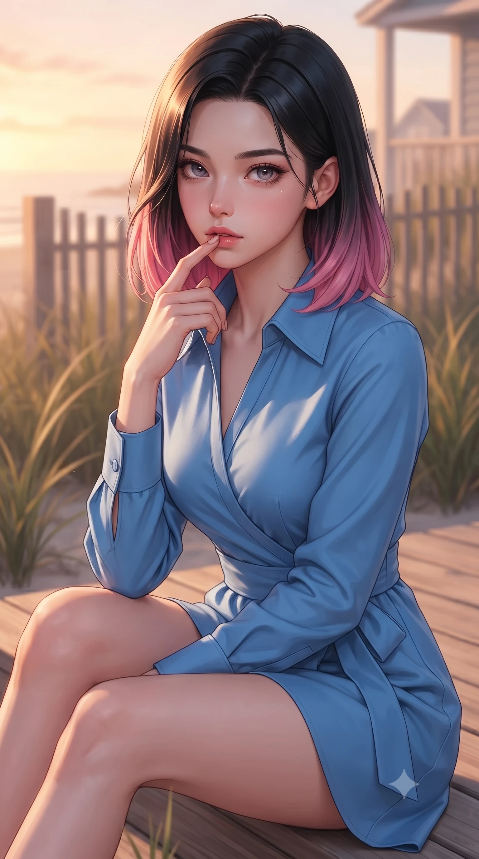 score_9, masterpiece, best quality, ultra-detailed, high-budget anime keyframe, editorial fashion photography, tasteful artistic composition, Korean woman woman. close-up cowboy shot from the waist and thighs up, the character dominates the composition, filling the frame with her large presence, background elements kept in soft focus. pressing one finger to her bottom lip in a thoughtful, seductive gesture under the warm sun the background shows a soft-focus a cozy wooden deck of a beachside cottage, surrounded by beachgrass and wooden fences. She has an exceptionally elegant, slender, and willowy female figure with an ultra-slim waist, a gracefully sculpted slender torso, and a refined silhouette. sharp v-shaped jawline, high-bridge nose, intricate jewel-like eyes with depth, thick eyelashes, glossy lips with a natural sheen. wearing a form-contouring tailored cotton wrap shirt dress in sky blue with a neat collar and structured waist tie. warm sunset light casting a peaceful, cozy orange wash on her figure. ultra-reflective glossy finish, specular highlights, metallic sheen, high-contrast stereoscopic depth, volumetric dynamic lighting, 2k, ultra detail, master piece, 9:16 ratio