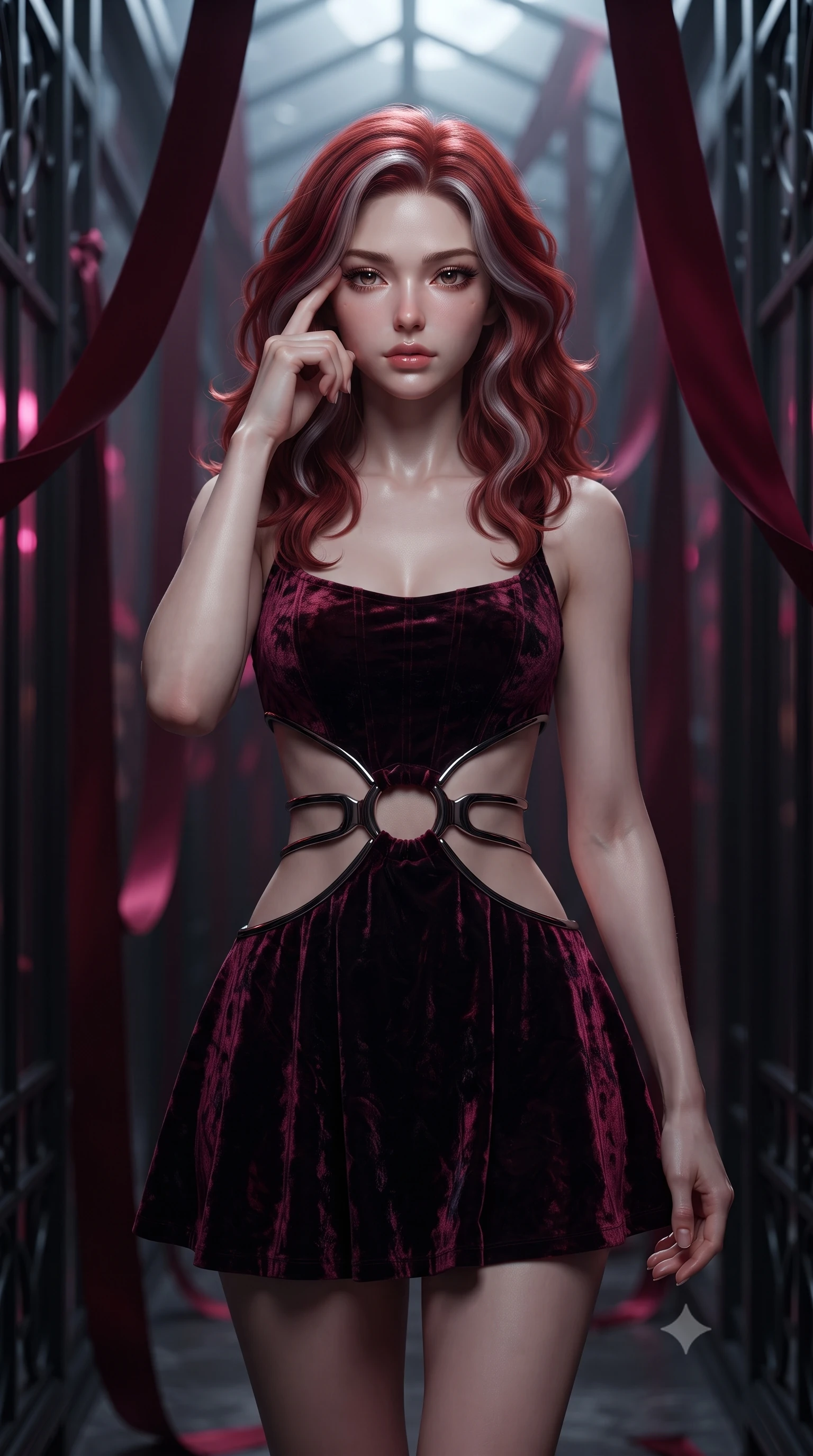 score_9, masterpiece, best quality, ultra-detailed, high-budget anime keyframe, editorial fashion photography, tasteful artistic composition, Caucasian woman. close-up cowboy shot from the waist and thighs up, the character dominates the composition, filling the frame with her large presence, background elements kept in soft focus. Pressing two fingers to her temple in a composed, sharp thoughtful gesture, walking down a glass corridor draped in heavy dark crimson silk ribbons, black iron architectural lattices framing her tall statuesque form. She has an exceptionally elegant, slender, and willowy female figure with an ultra-slim waist, a gracefully sculpted slender torso, and a refined silhouette. sharp v-shaped jawline, high-bridge nose, intricate jewel-like eyes with depth, thick eyelashes, glossy lips with a natural sheen. wearing dramatic architectural open-waist cutout mini dress in dark velvet framed by chrome hardware in metallic dark silver, made of crushed dark silk velvet, trimmed with dark chrome ring hardware along the waist contours, accentuating her gracefully sculpted slender torso. illuminated by eerie ruby orchid glow and cold silver moonlight from above. ultra-reflective glossy finish, specular highlights, metallic sheen, high-contrast stereoscopic depth, volumetric dynamic lighting, 2k, ultra detail, master piece, 9:16 ratio