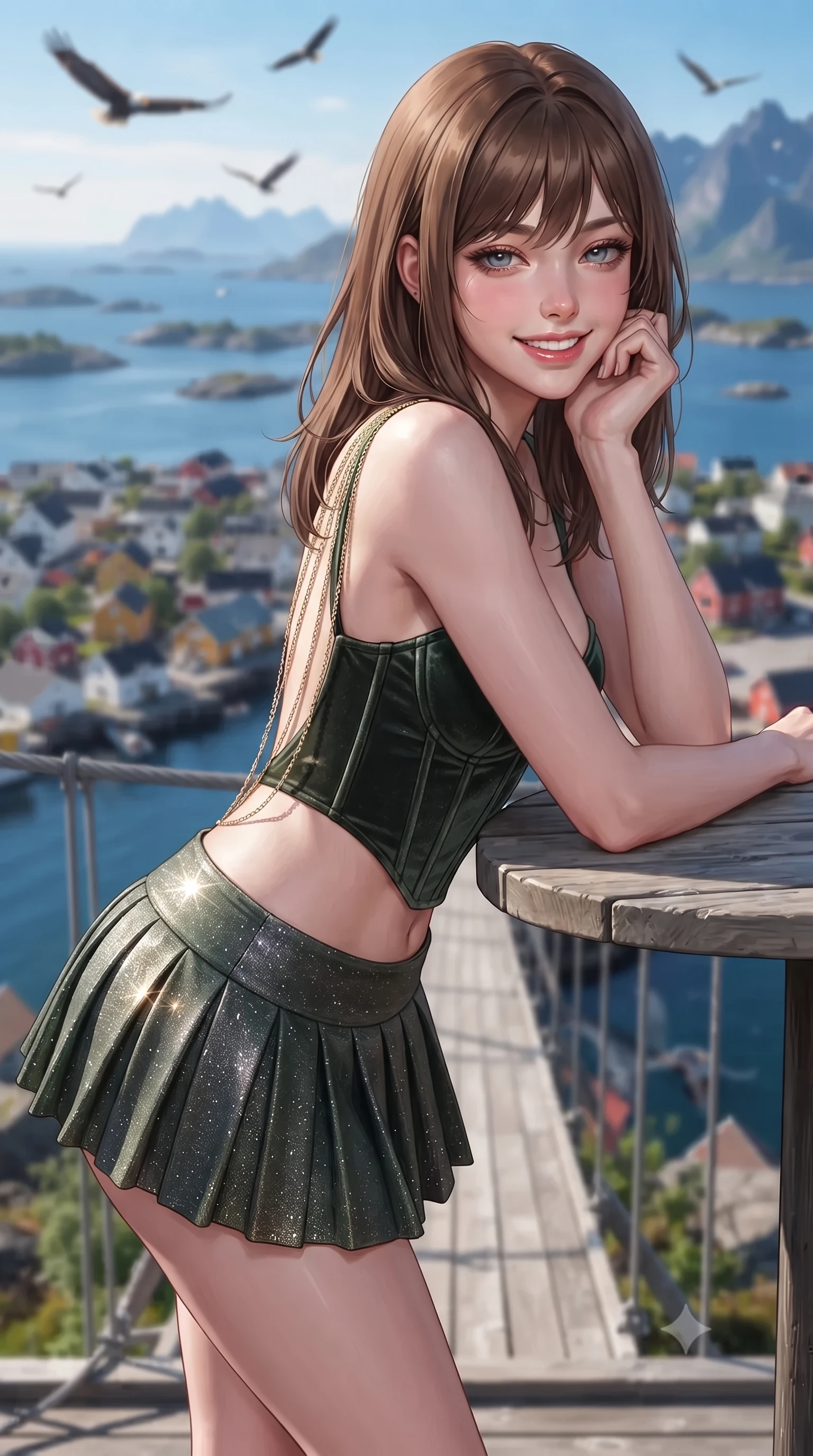 score_9, masterpiece, best quality, ultra-detailed, high-budget anime keyframe, editorial fashion photography, tasteful artistic composition, Korean woman. close-up cowboy shot from the waist and thighs up, the character dominates the composition, filling the frame with her large presence. resting one elbow on the table and supporting her chin, leaning close to the camera with heavy-lidded sparkling eyes and parted lips while standing poised on the suspended structural timber walkway high above the harbor town of Svolvær, arching her back with high-fashion ease as sea eagles soar overhead. The background shows a soft-focus hundreds of rocky skerries and islands dotted across the blue Norwegian Sea, colorful roofs of Svolvær, and distant mountain chains blurred into cobalt, topaz, and rose bokeh. She has an exceptionally elegant, slender, and willowy female figure with an ultra-slim waist, flat toned midriff, narrow ribcage, and sculpted feminine hips creating an alluring, slim hourglass silhouette without bulk. sharp v-shaped jawline, high-bridge nose, intricate jewel-like sparkling eyes with depth, thick eyelashes, glossy parted lips with a natural peach sheen, bright cheerful beaming smile with an enchanting and coquettish sensual glint, exuding both youthful cute charm and seductive allure, flawlessly proportioned anatomical accuracy, strict slender model proportions, natural body alignment, perfectly sculpted long slender limbs, ultra-slim waistline, clean dynamic posture without body distortion. wearing a structured boned velvet bustier top paired with an ultra-short low-rise pleated micro mini skirt in Loch Ness deep peat moss green and silver starlight, woven from stretch metallic lurex jersey casting radiant starlight glints across her curves, accented with an open-back drape framed by falling strands of delicate gold chains, the high-slit wrap tailoring accentuating her ultra-slim waistline and the enchanting curve of her feminine hips with alluring seductive charm. illuminated by timber deck reflection bounce and sharp gold-and-silver dual rim lights sculpting her jawline, narrow waist, and curvy hips. ultra-reflective glossy finish, specular highlights, rich textural contrasts, high-contrast stereoscopic depth, volumetric dynamic lighting, 2k, ultra detail, master piece, 9:16 ratio