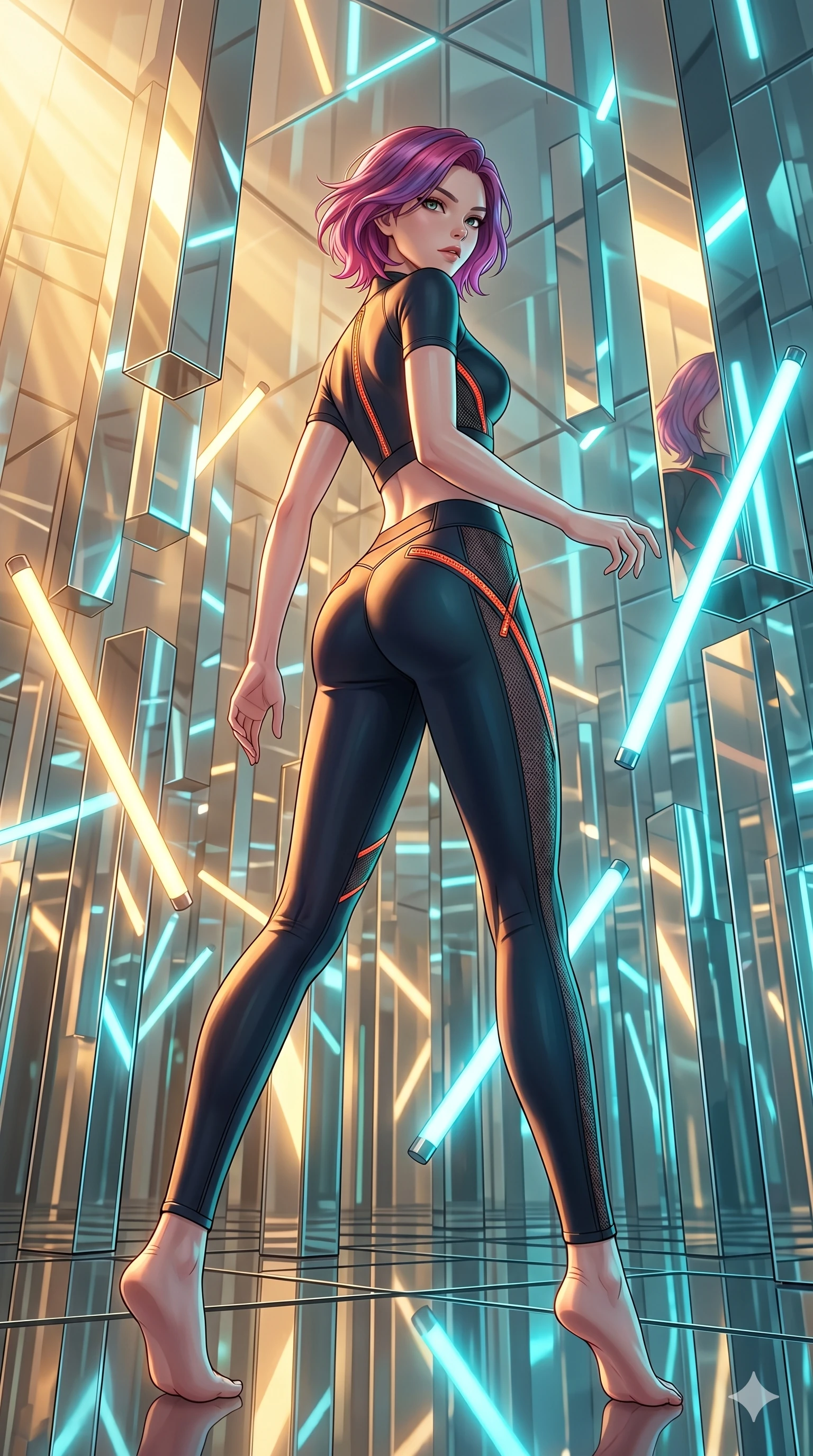 score_9, masterpiece, best quality, ultra-detailed, high-budget anime keyframe, Japanese woman. low angle full-body shot filling the entire 9:16 frame with her statuesque presence, stretching the vertical silhouette. navigating a kinetic light-sculpture mirror maze, passing between floating chromium mirror pillars and rotating LED sticks. She has an absolutely perfect 8-heads proportion, an exceptionally tall and slender female figure with impossibly long slender legs and an ultra-slim waist. V-shaped jawline, high-bridge nose, intricate jewel-like eyes with depth, thick eyelashes, glossy lips with a natural sheen.. wearing a second-skin neoprene cyber-athleisure set, featuring a tight crop top and leggings with fluorescent orange zipper accents and side slash panels. showcasing a beautiful play of light and shadow, with warm golden rays clashing against cool cyan highlights. 2k, ultra detail, master piece, 9:16 ratio