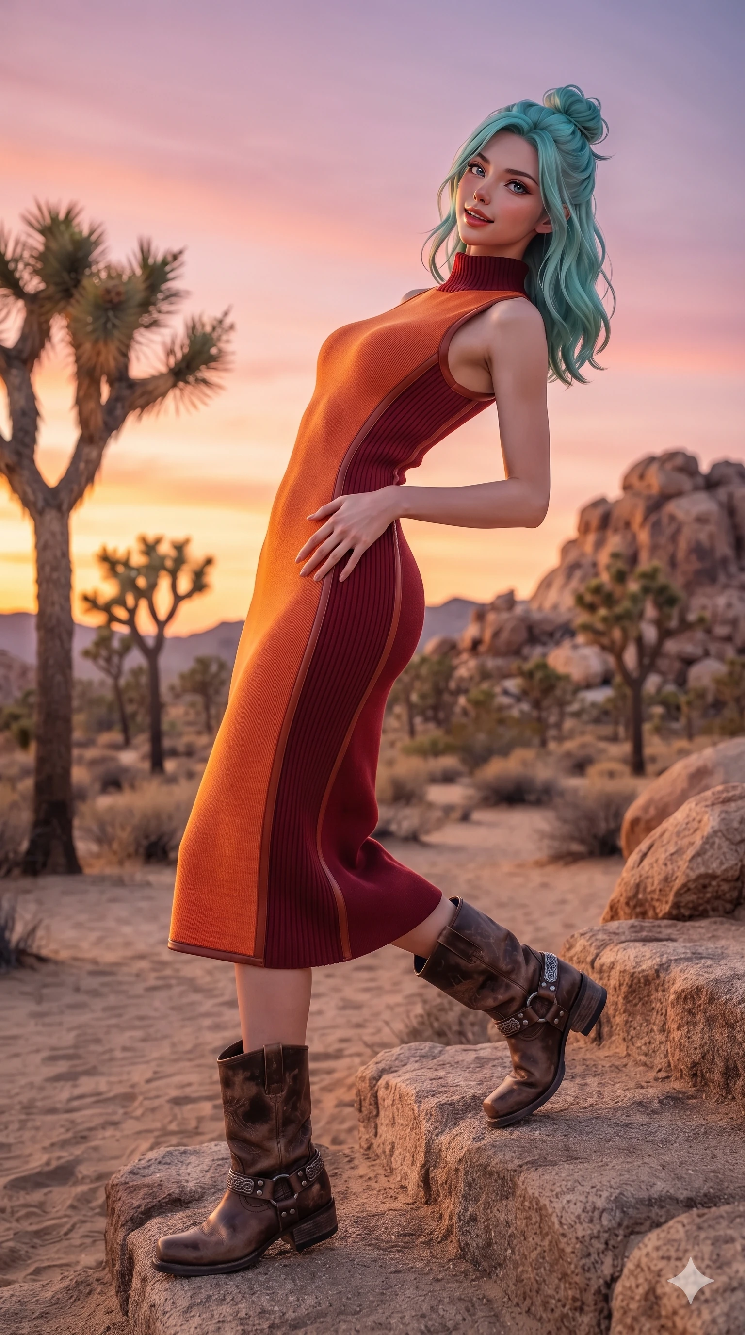 score_9, masterpiece, best quality, ultra-detailed, high-budget anime keyframe, editorial fashion photography, tasteful artistic composition, Japanese woman. close-up cowboy shot from the waist and thighs up, the character dominates the composition, filling the frame with her large presence. arching her spine backward with effortless dancer poise, one hand sliding along her hip line as directional light carves specular highlights along her silhouette while stepping down the natural granite rock steps with feline grace, hips swaying in an alluring sensual rhythm that accentuates her curvy hourglass silhouette. The surrounding environment is rendered in vivid detail and crisp panoramic clarity: sharp weathered granite crystalline rock texture, spiky Joshua tree needle spines, and coarse desert sand in deep focus. She has an exceptionally elegant, slender, and willowy female figure with an ultra-slim waist, flat toned midriff, narrow ribcage, and sculpted feminine hips creating an alluring, slim hourglass silhouette without bulk. sharp v-shaped jawline, high-bridge nose, sparkling eyes with hypnotic seductive depth, thick curled eyelashes, glossy parted lips with a natural dewy peach sheen, alluring bedroom-eyes with an enchanting coquettish smile, exuding magnetic siren charisma and sophisticated glamour, flawlessly proportioned anatomical accuracy, strict slender model proportions, natural body alignment, perfectly sculpted long slender limbs, ultra-slim waistline, clean dynamic posture without body distortion. wearing a refined high-neck sleeveless knit column dress with ribbed side panels and leather trim in blazing desert sunset orange and deep canyon crimson, crafted from supple double-faced desert suede with an exceptionally soft matte finish, complemented by rugged distressed leather motorcycle boots with silver buckle hardware, the impeccably tailored cut draping gracefully along her slender figure with aristocratic western poise. bathed in the ethereal 2600K twilight glow of the setting sun transitioning into pastel rose and violet sky reflections. ultra-reflective glossy finish, specular highlights, rich textural contrasts, high-contrast stereoscopic depth, volumetric dynamic lighting, 2k, ultra detail, master piece, 9:16 ratio