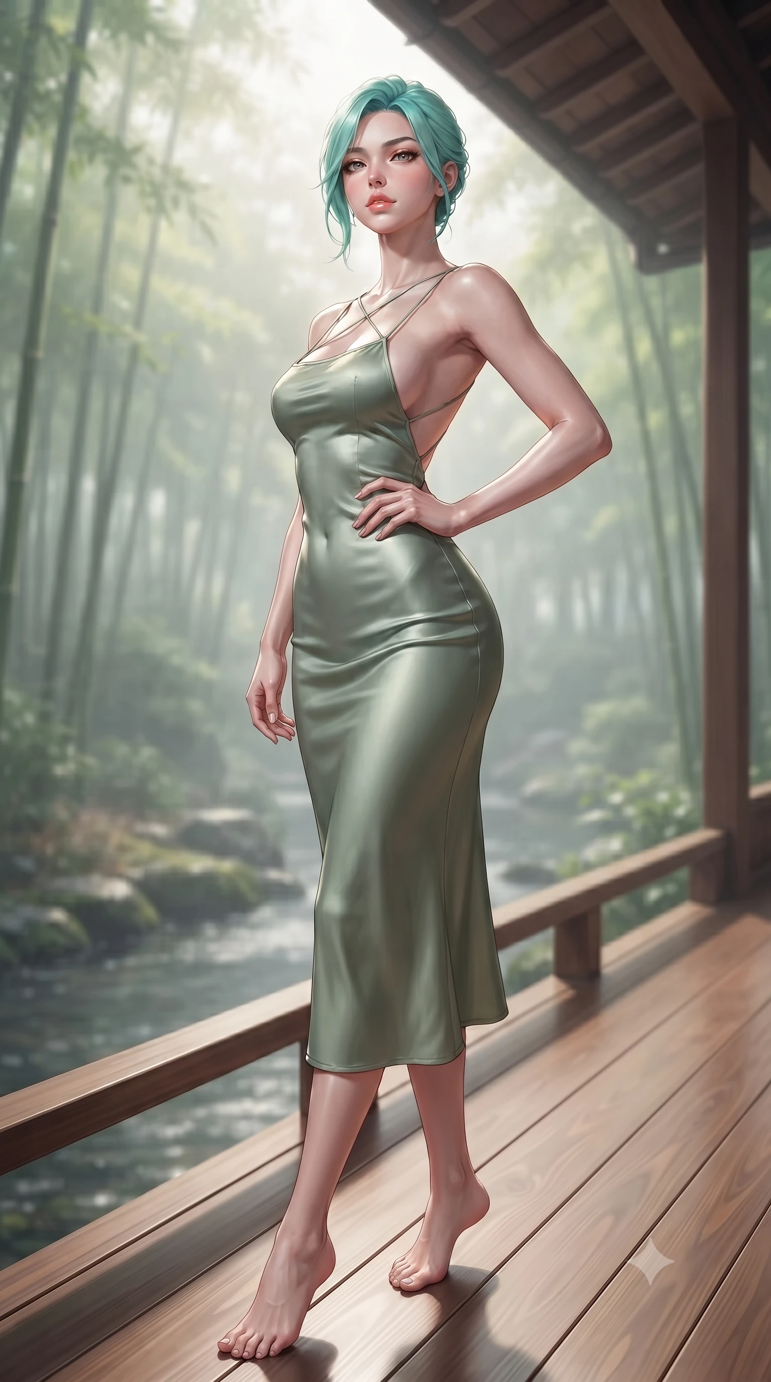 score_9, masterpiece, best quality, ultra-detailed, high-budget anime keyframe, editorial fashion photography, tasteful artistic composition, Japanese woman woman. low angle full-body shot from head to toe showing her feet, filling the entire 9:16 vertical frame with her statuesque presence, stretching her vertical silhouette. posing confidently with one hand on her hip, stretching her statuesque body to emphasize her curves the background shows a soft-focus a wooden deck of a traditional Japanese inn overlooking a quiet stream and bamboo grove. She has an absolutely perfect, statuesque 8.5-heads proportion, an exceptionally tall and slender model-like female figure with impossibly long slender legs and an ultra-slim waist. sharp v-shaped jawline, high-bridge nose, intricate jewel-like eyes with depth, thick eyelashes, glossy lips with a natural sheen. wearing a body-hugging lightweight silk sundress in sage green with a dramatic open-back and thin criss-cross straps. soft morning mist diffusing the sunlight, creating a tranquil atmosphere. ultra-reflective glossy finish, specular highlights, metallic sheen, high-contrast stereoscopic depth, volumetric dynamic lighting, 2k, ultra detail, master piece, 9:16 ratio