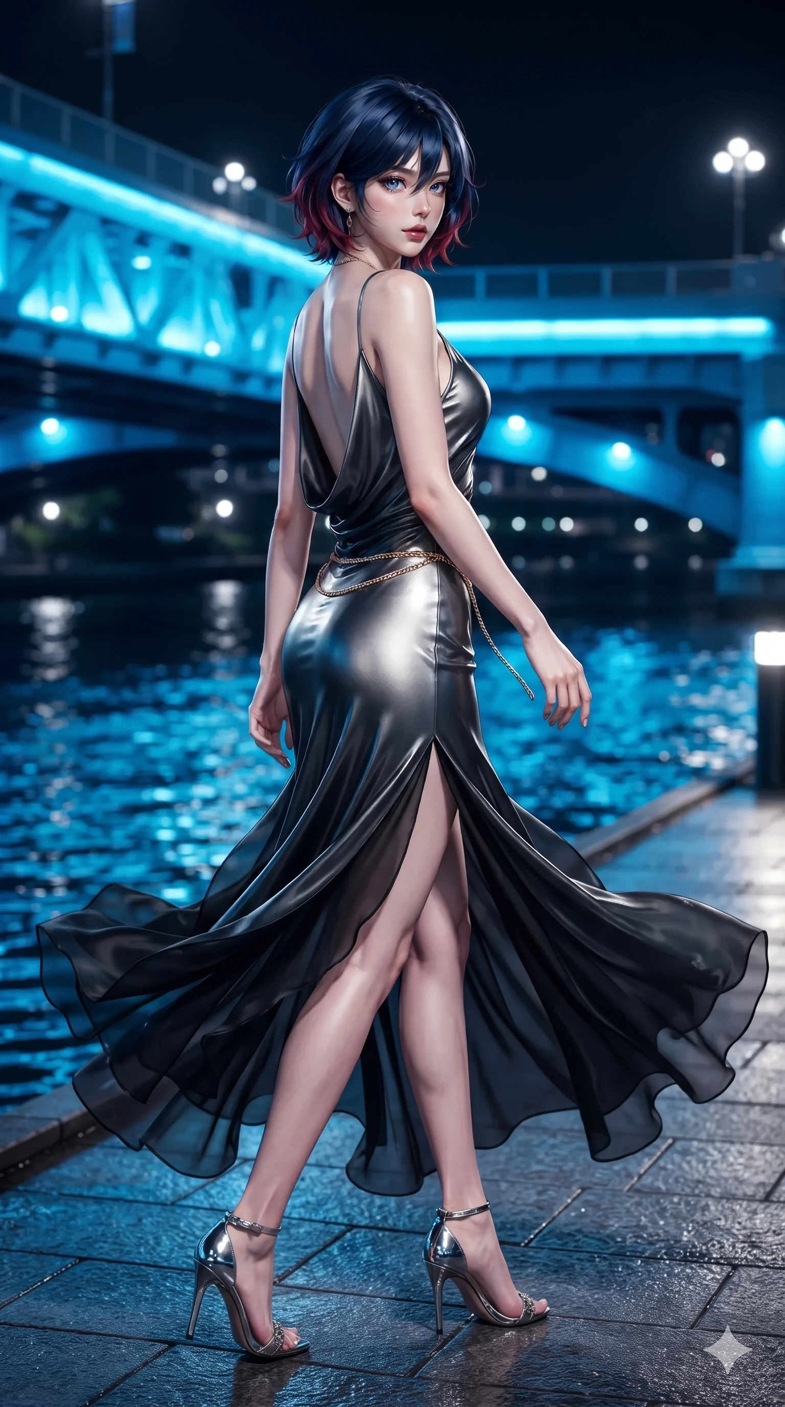 score_9, masterpiece, best quality, ultra-detailed, high-budget anime keyframe, editorial fashion photography, tasteful artistic composition, Korean woman. low angle full-body shot from head to toe showing her feet, filling the entire 9:16 vertical frame with her statuesque presence, stretching her vertical silhouette. executing a slow, elegant turn as her liquid gown flutters around her slender legs, glancing over her shoulder with an intoxicating, seductive bedroom-gaze while walking along the illuminated riverwalk with hypnotic grace, hips swaying in an alluring sensual rhythm that accentuates her curvy silhouette. The surrounding environment is rendered in vivid detail and crisp panoramic clarity: detailed liquid-tight tailored bodysuit tailoring, chrome hardware accents, and riverside engineering in razor-sharp clarity. She has an exceptionally tall and slender model-like 8.5-heads proportion, an ultra-slim waist, a flat toned midriff, narrow delicate ribcage, and beautifully sculpted feminine hips creating a graceful, slim hourglass silhouette without any bulky heaviness, with impossibly long slender legs. sharp v-shaped jawline, high-bridge nose, intricate jewel-like dark sparkling eyes with dangerous depth, thick curled eyelashes, glossy parted lips with a rich wine sheen, smoldering seductive half-smile with bedroom-eyes, exuding effortless superiority and intoxicating dark allure, flawlessly proportioned anatomical accuracy, strict slender model proportions, natural body alignment, perfectly sculpted long slender limbs, ultra-slim waistline, clean dynamic posture without body distortion. wearing a form-contouring gossamer silk chiffon slip dress with a hip-high slit and open cowl back clinging with rain-dew in metallic liquid silver and pitch black, crafted from layered gossamer black organza with weightless, smoky flutter, finished with a delicate gold snake chain belt resting loosely across her curvy hips, the liquid-tight tailored fabric clinging flawlessly to her narrow waist and rounded feminine hips, emphasizing every millimeter of her sculpted slim hourglass curves without any bulky heaviness. bathed in brilliant electric cobalt and cyan LED illuminations reflecting off the dark river water. ultra-reflective glossy finish, specular highlights, rich textural contrasts, high-contrast stereoscopic depth, volumetric dynamic lighting, 2k, ultra detail, master piece, 9:16 ratio