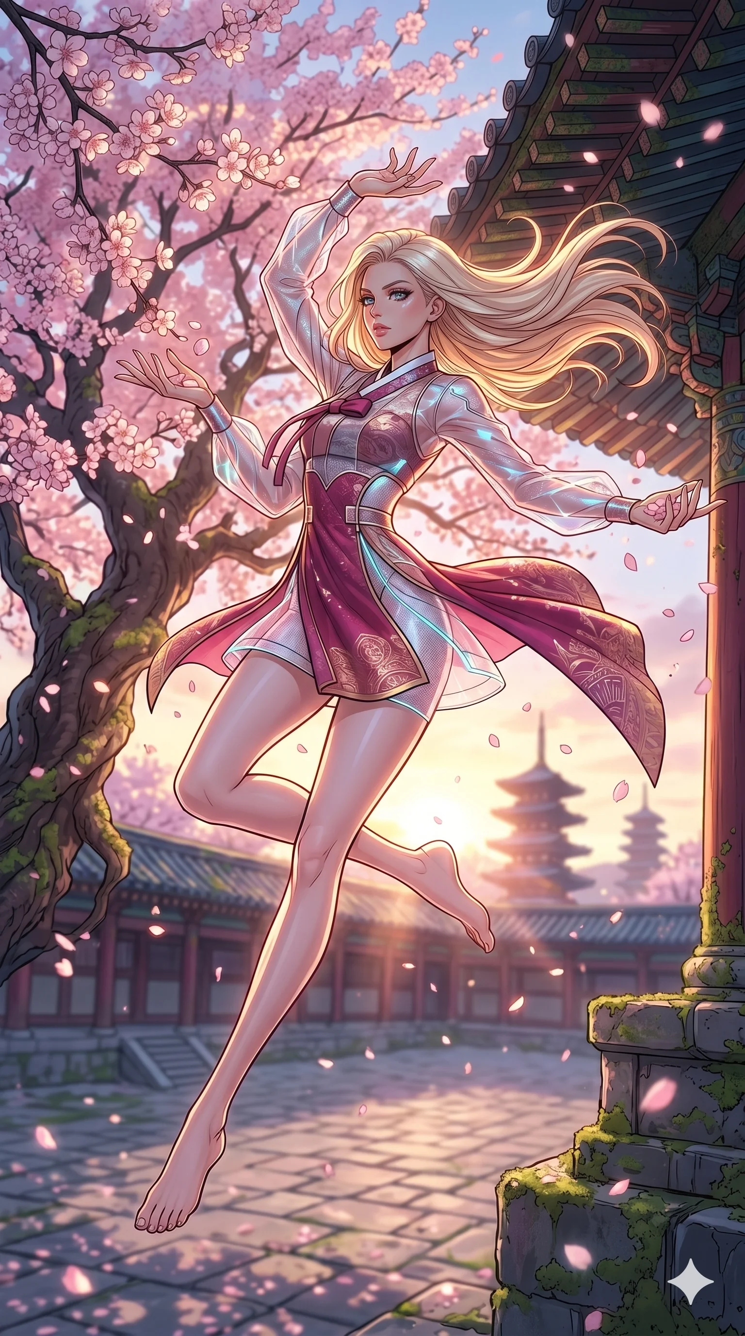 score_9, masterpiece, best quality, ultra-detailed, high-budget anime movie keyframe, cinematic anime lighting, intricate line art, Japanese woman. Low angle cowboy shot capturing a powerful motion and statuesque presence. twisting in mid-air while catching falling cherry blossoms at dawn. She has an absolutely perfect 8-heads proportion, an exceptionally tall and slender female figure with an ultra-slim waist and impossibly long slender legs. strictly human anatomy, two legs only, no extra limbs, clearly defined legs and arms, perfect anatomy, perfect hands and fingers. sharp v-shaped jawline, high-bridge nose, intricate jewel-like eyes, thick eyelashes, glossy lips. Wearing Modern Traditional: Shortened cyber-hanbok with fusion silk robes and transparent panels. The scene is illuminated by dramatic atmospheric lighting and vibrant color palettes. , 2k, ultra detail, master piece, 9:16 ratio