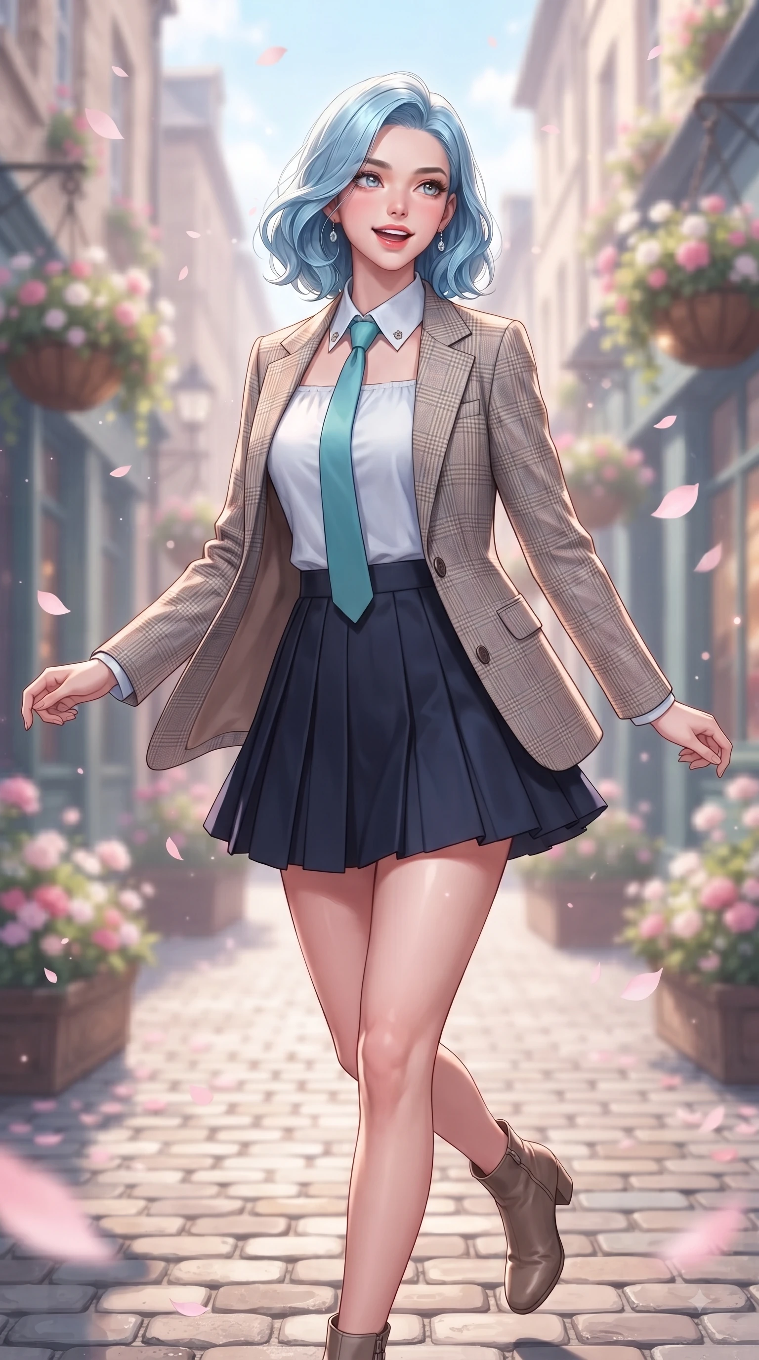 score_9, masterpiece, best quality, ultra-detailed, high-budget anime keyframe, editorial fashion photography, tasteful artistic composition, Korean woman. close-up cowboy shot from the waist and thighs up, the character dominates the composition, filling the frame with her large presence. Playful cute expression with a warm smile and parted lips, looking right into the camera with vibrant energy while stepping cheerfully along a flower-strewn walkway as pastel pink petals float softly around her. The composition keeps background elements in soft focus with dreamy bokeh. charming European cobblestone facades and hanging flower baskets softened by shallow depth of field. She has an exceptionally elegant, slender, and willowy female figure with an ultra-slim waist, a gracefully sculpted slender torso, and a refined silhouette. sharp v-shaped jawline, high-bridge nose, intricate jewel-like eyes with depth, thick eyelashes, glossy lips with a natural sheen, flawlessly proportioned anatomical accuracy, natural body alignment, perfectly sculpted elegant limbs, clean dynamic posture without body distortion. wearing a preppy academy blazer over a crisp collared shirt, navy pleated skirt, and a slim necktie in ocean turquoise and sea-salt white, tailored from crisp cotton poplin, featuring elegant flutter sleeves and a graceful square neckline, the tailored casual silhouette highlighting her fresh and youthful presence. surrounded by a fresh, uplifting, and romantic spring street ambiance. ultra-reflective glossy finish, specular highlights, metallic sheen, high-contrast stereoscopic depth, volumetric dynamic lighting, 2k, ultra detail, master piece, 9:16 ratio