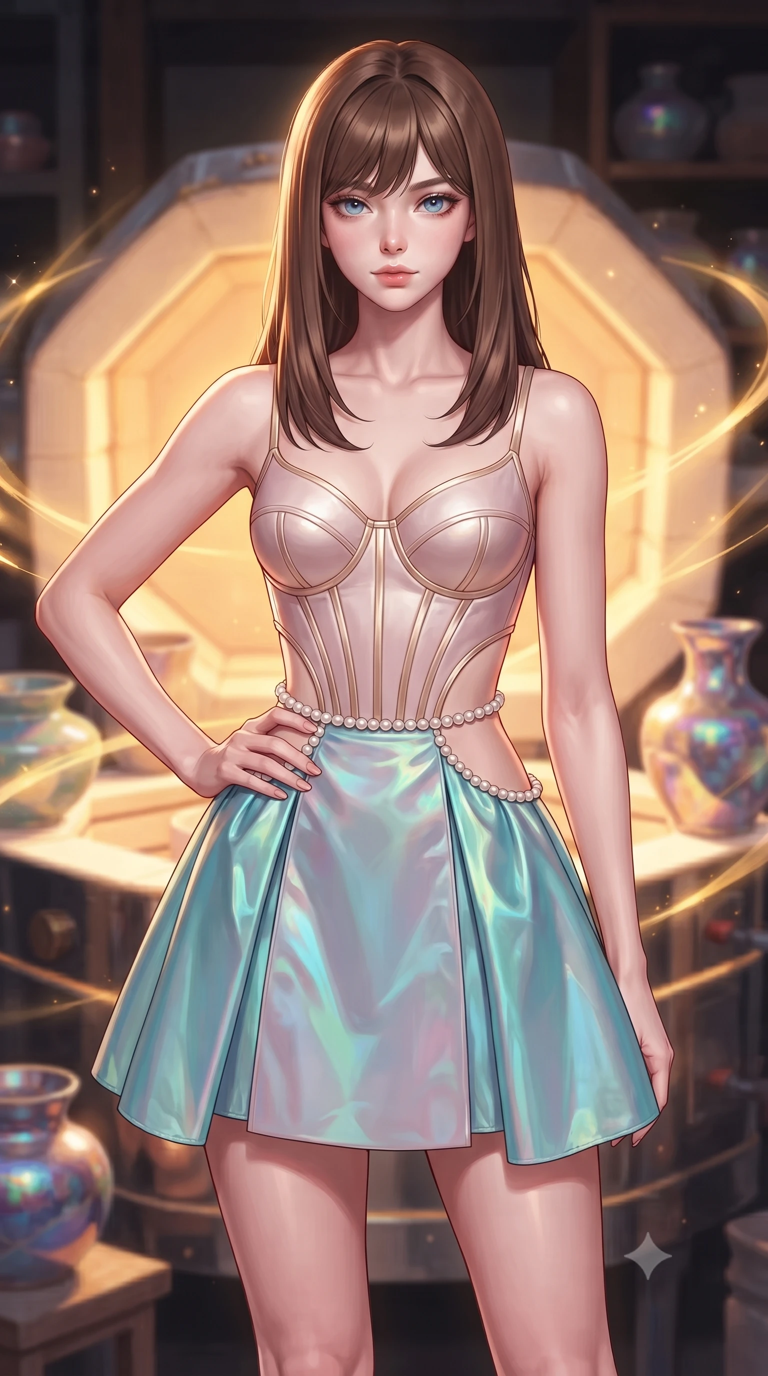 score_9, masterpiece, best quality, ultra-detailed, high-budget anime keyframe, editorial fashion photography, tasteful artistic composition, Korean woman. close-up cowboy shot from the waist and thighs up, the character dominates the composition, filling the frame with her large presence, background elements kept in soft focus. Holding a confident power pose with one hand on her hip, resting near a ceramic kiln as golden kintsugi light glows warmly around her, opal glaze textures displaying iridescence and rich glossy finishes. She has an exceptionally elegant, slender, and willowy female figure with an ultra-slim waist, a gracefully sculpted slender torso, and a refined silhouette. sharp v-shaped jawline, high-bridge nose, intricate jewel-like eyes with depth, thick eyelashes, glossy lips with a natural sheen. wearing architectural cut-out pale pink leather mini dress with sculpted gold boning in champagne gold, made of iridescent turquoise taffeta, adorned with minimalist pearl hardware framing the waistline, contouring every curve with an exceptionally elegant silhouette. lit by sharp golden key rays highlighting porcelain glaze textures. highly saturated vibrant anime colors, detailed shading with soft gradients, rich glossy textures, high-contrast stereoscopic depth, volumetric dynamic lighting, master piece, 9:16 ratio