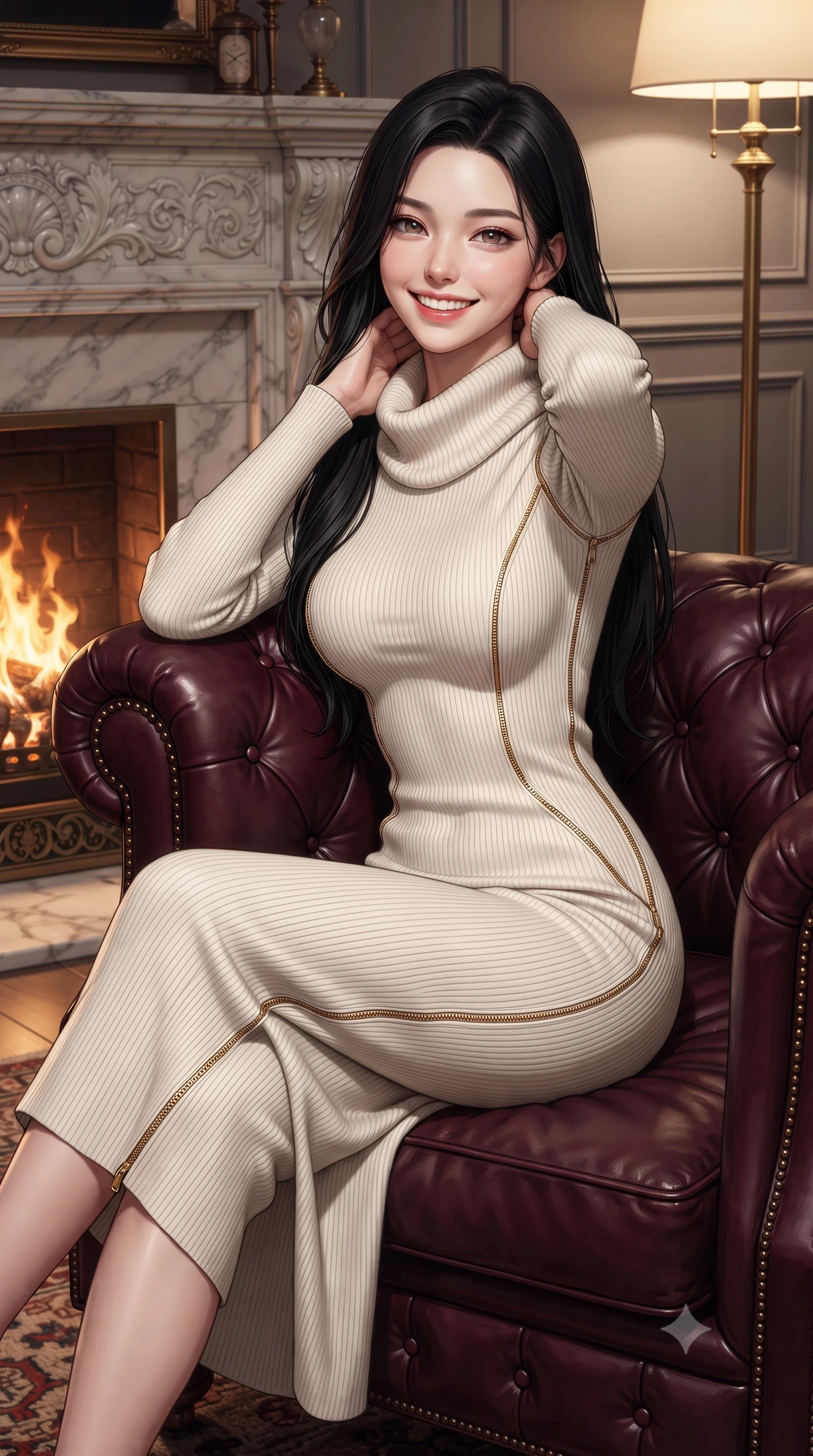 score_9, masterpiece, best quality, ultra-detailed, high-budget anime keyframe, editorial fashion photography, tasteful artistic composition, Korean woman. close-up cowboy shot from the waist and thighs up, the character dominates the composition, filling the frame with her large presence. resting one hand lightly behind her neck, arching her back with supermodel poise while beaming with an infectious radiant smile while relaxing comfortably in a deep tufted burgundy Chesterfield armchair with legs crossed, holding a crystal glass with a knowing smile. The surrounding environment is rendered in vivid detail and crisp panoramic clarity: sharp carved Carrara marble fireplace mantel relief, diamond-tufted leather button creases, and hand-knotted wool rug pile in deep focus. She has an exceptionally elegant, slender, and willowy female figure with an ultra-slim waist, flat toned midriff, narrow ribcage, and sculpted feminine hips creating an alluring, slim hourglass silhouette without bulk. sharp v-shaped jawline, high-bridge nose, intricate jewel-like sparkling eyes with depth, thick eyelashes, glossy parted lips with a natural peach sheen, bright cheerful beaming smile with an enchanting and coquettish sensual glint, exuding both youthful cute charm and seductive allure, flawlessly proportioned anatomical accuracy, strict slender model proportions, natural body alignment, perfectly sculpted long slender limbs, ultra-slim waistline, clean dynamic posture without body distortion. wearing a form-contouring ribbed knit bodycon maxi dress in snow ivory with a cozy high cowl-neck hugging every curve in Kyoto autumn maple crimson and deep ink black, tailored from stretch wool crepe providing structured compression and razor-sharp bodycon lines, featuring fine gold zipper details tracing the vertical spine and contour seams, the form-contouring silhouette accentuating her sculpted flat midriff, narrow delicate ribcage, and gracefully curvy hips with intoxicating allure. bathed in the rich, dancing warm 2400K hearth glow from the roaring fireplace mixed with soft brass floor lamp pools. ultra-reflective glossy finish, specular highlights, rich textural contrasts, high-contrast stereoscopic depth, volumetric dynamic lighting, 2k, ultra detail, master piece, 9:16 ratio
