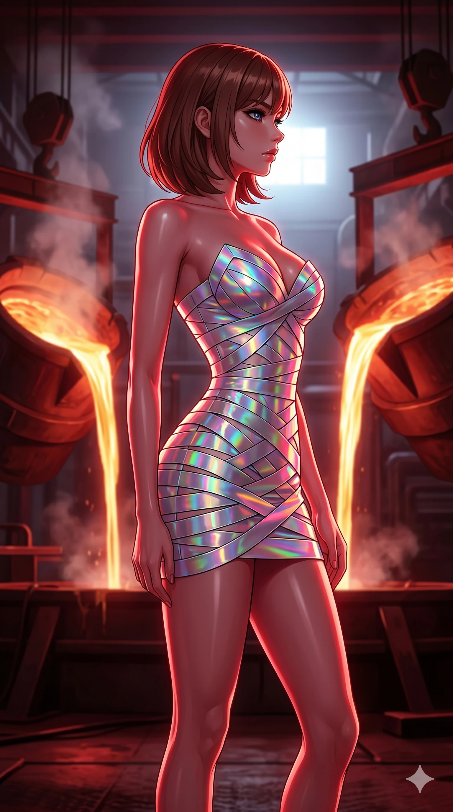 score_9, masterpiece, best quality, ultra-detailed, high-budget anime keyframe, editorial fashion photography, tasteful artistic composition, Caucasian woman, strictly human ears. cowboy shot from the thighs up, character and outfit filling the frame for maximum editorial presence. Turning her face in sharp dramatic profile against the light inside an industrial foundry where giant ladles pour streams of liquid bronze. She has an absolutely perfect 8-heads proportion, an exceptionally tall and slender female figure with impossibly long slender legs and an ultra-slim waist. V-shaped jawline, high-bridge nose, intricate jewel-like eyes with depth, thick eyelashes, glossy lips with a natural sheen. wearing a structured mini dress made of overlapping strips of iridescent holographic ribbon, featuring a sweetheart neckline and a form-fitting shape. drenched in deep crimson theatrical lighting with sharp specular highlights on every curve. 2k, ultra detail, master piece, 9:16 ratio