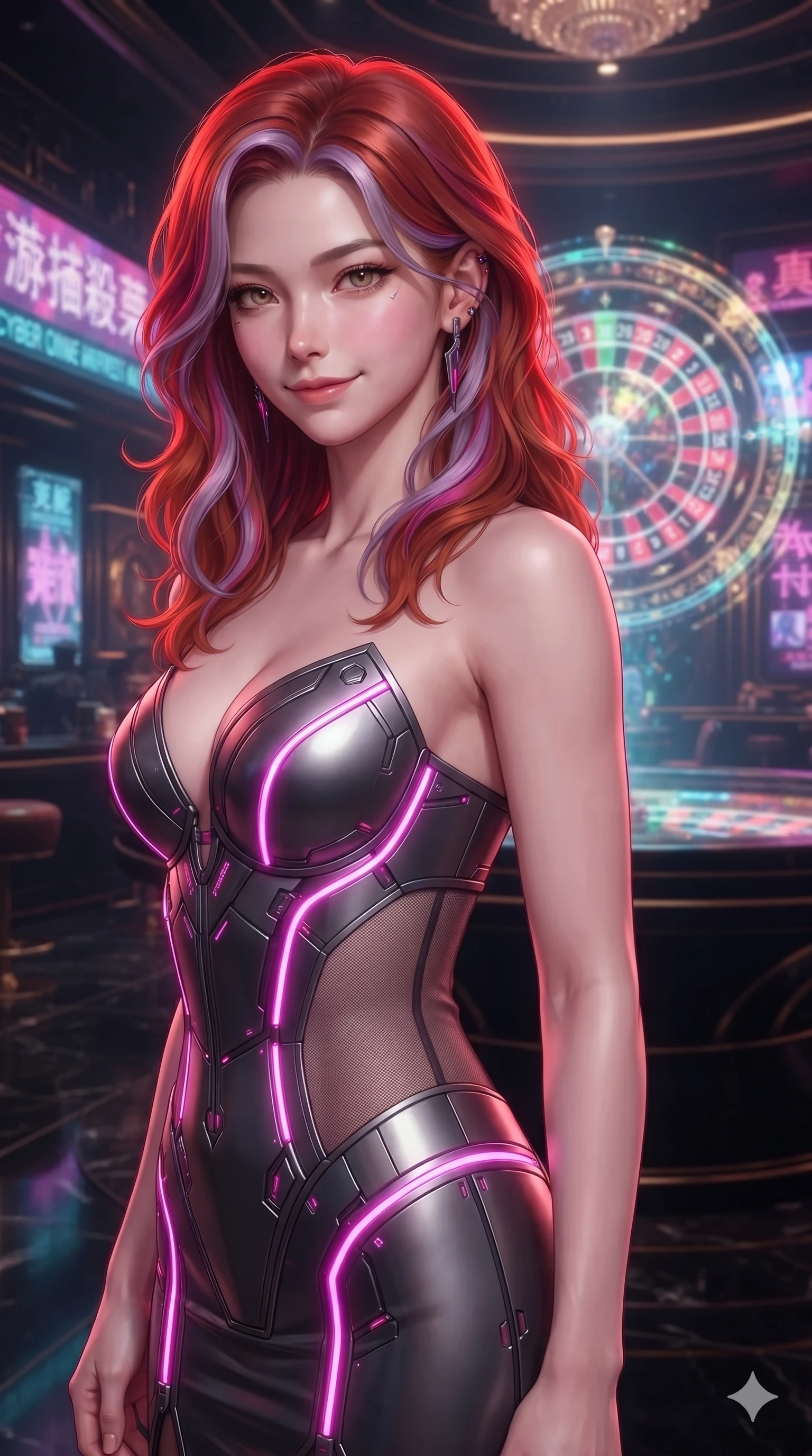 score_9, masterpiece, best quality, ultra-detailed, high-budget anime keyframe, editorial fashion photography, tasteful artistic composition, Caucasian woman. close-up cowboy shot from the waist and thighs up, the character dominates the composition, filling the frame with her large presence. turning slowly with an enchanting smoldering smile, her glossy hair tossing as her hips angle gracefully in a captivating contrapposto while turning slowly with an enchanting smoldering smile, her glossy hair tossing in the breeze as her hips angle gracefully beside the floating roulette wheel. The surrounding environment is rendered in vivid detail and crisp panoramic clarity: detailed velvet dress tailoring, fine mesh waist cutouts, and opulent neo-cyberpunk interior design in razor-sharp precision. She has an exceptionally elegant, slender, and willowy female figure with an ultra-slim waist, flat toned midriff, narrow ribcage, and sculpted feminine hips creating an alluring, slim hourglass silhouette without bulk. sharp v-shaped jawline, high-bridge nose, intricate jewel-like sparkling eyes with depth, thick eyelashes, glossy parted lips with a natural sheen, bright confident smile with an enchanting and coquettish sensual glint, exuding both youthful magnetic charm and sovereign high-tech allure, flawlessly proportioned anatomical accuracy, strict slender model proportions, natural body alignment, perfectly sculpted long slender limbs, ultra-slim waistline, clean dynamic posture without body distortion. wearing an alluring plunging sweetheart cyber-bodice dress with sheer mesh side-waist cutouts contouring her ribs in deep titanium gunmetal and radiant magenta neon, woven from buttery-soft stretch lambskin leather adhering to her body like a second skin, featuring fine criss-cross lace-up side ties revealing tantalizing glimpses of her hip curve, the glove-like clinging cut tightly following the natural contour of her hips and long slender legs with youthful 8.5-heads elegance. illuminated by glowing table surfaces and sharp scarlet rim lights carving her sculpted collarbones, ultra-slim waist, and curvy hips. ultra-reflective glossy finish, specular highlights, rich textural contrasts, high-contrast stereoscopic depth, volumetric dynamic lighting, 2k, ultra detail, master piece, 9:16 ratio