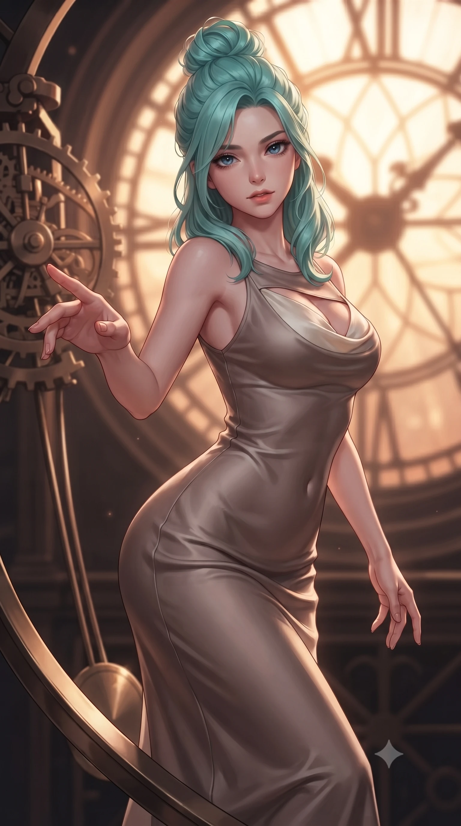 score_9, masterpiece, best quality, ultra-detailed, high-budget anime keyframe, editorial fashion photography, tasteful artistic composition, Japanese woman. close-up cowboy shot from the waist and thighs up, the character dominates the composition, filling the frame with her large presence, background elements kept in soft focus. Reaching her hand gracefully toward the camera with magnetic allure, her torso turning in a dynamic S-curve alignment while stepping along a curved clockwork pendulum arm under a dramatic twilight sky, dramatic twilight amber light streaming through a massive clock tower window. She has an exceptionally elegant, slender, and willowy female figure with an ultra-slim waist, a gracefully sculpted slender torso, and a refined silhouette. sharp v-shaped jawline, high-bridge nose, intricate jewel-like eyes with depth, thick eyelashes, glossy lips with a natural sheen, flawlessly proportioned anatomical accuracy, natural body alignment, perfectly sculpted elegant limbs, clean dynamic posture without body distortion. wearing an elegant cowl-neck satin midi dress with a graceful draped neckline in muted taupe and soft ivory, formed from sleek second-skin neoprene, accented with a Tasteful chest slit framing her clavicle gracefully, the sleek second-skin texture accentuating her magnetic presence. bathed in warm twilight amber backlighting and rich metallic specular glow. ultra-reflective glossy finish, specular highlights, metallic sheen, high-contrast stereoscopic depth, volumetric dynamic lighting, 2k, ultra detail, master piece, 9:16 ratio