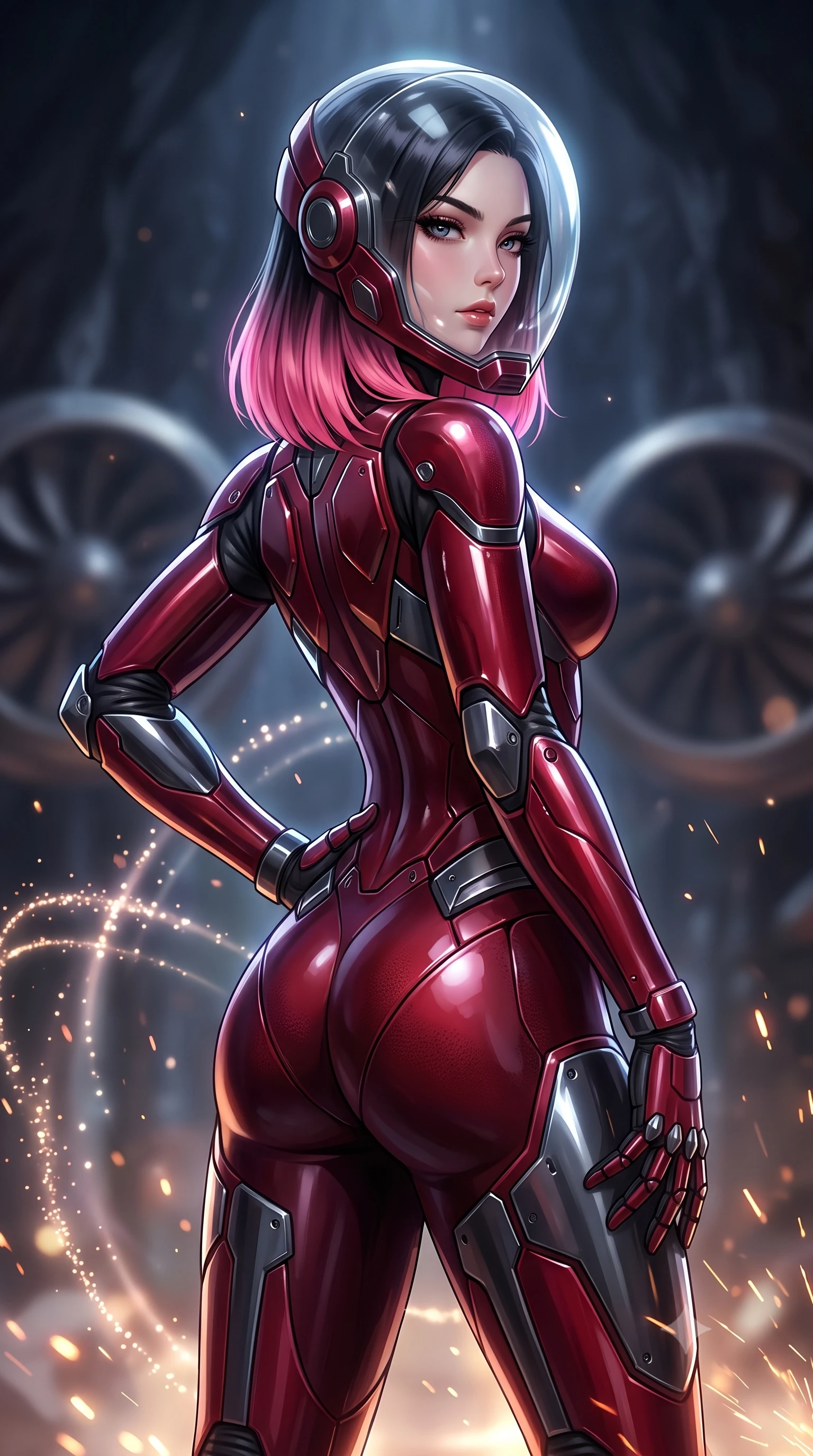 score_9, masterpiece, best quality, ultra-detailed, high-budget anime keyframe, semi-realistic 3D game render, editorial fashion photography, tasteful artistic composition, Korean woman. close-up cowboy shot from the waist and thighs up, the character dominates the composition, filling the frame with her large presence. resting one armored hand on her hip while glancing over her shoulder with thick eyelashes and an indomitable, smoldering combat gaze while resting one hand on her hip with a haughty, captivating battle smirk as giant exhaust turbines turn slowly overhead. The composition keeps background elements in soft focus with creamy bokeh. sparkling sonar pulse rings and grinding metal sparks scattering light motes across a dark cavern backdrop. She has an exceptionally elegant, slender, and willowy female figure with an ultra-slim waist, a gracefully sculpted slender torso, toned flat midriff, and a refined slim silhouette. sharp v-shaped jawline, high-bridge nose, intricate jewel-like eyes with depth, thick eyelashes, glossy lips with a natural sheen, fierce and resolute heroine expression, flawlessly proportioned anatomical accuracy, strict slender model proportions, natural body alignment, perfectly sculpted long slender limbs, ultra-slim waistline, clean dynamic posture without body distortion. wearing a crystal-clear transparent armored riot-visor helmet showing her entire beautiful face and determined expression with pristine clarity, paired with an ultra-sleek high-gloss carbon-composite exoskeleton suit featuring kinetic shock-absorbing shin guards and flexible limb articulation joints in deep battle-scarred crimson carbon weave with specular dark chrome accents, made of lightweight aerodynamic carbon-titanium alloy with precision-beveled armor seams, finished with high-mobility flexible armor articulation seams and miniature magnetic locks, the form-contouring material adhering flawlessly to her sculpted flat midriff and slender torso, emphasizing her long leg lines and perfectly proportioned willowy build. surrounded by a gritty, dangerous, and irresistibly powerful cybernetic queen of the underworld aura. rich saturated anime colors with glowing neon highlights, detailed shading with soft gradients, rich glossy textures, high-contrast stereoscopic depth, volumetric dynamic lighting, master piece, 9:16 ratio