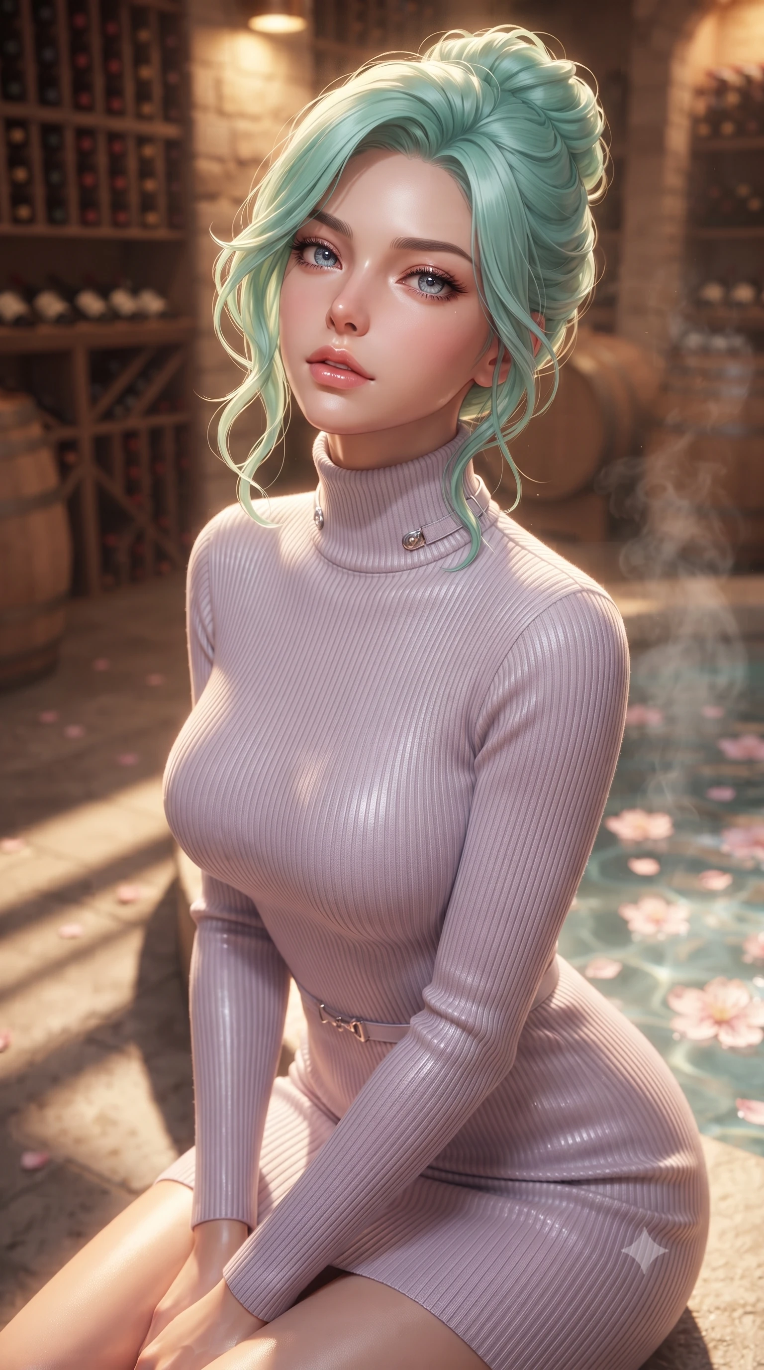 score_9, masterpiece, best quality, ultra-detailed, high-budget anime keyframe, editorial fashion photography, tasteful artistic composition, Japanese woman. close-up cowboy shot from the waist and thighs up, the character dominates the composition, filling the frame with her large presence, background elements kept in soft focus. tilting her chin up with a composed yet deeply enticing gaze, her eyes sparkling under the warm lighting set against a soft-focus background of inside an exclusive wine cellar alcove with rising mineral steam and floating flower petals on the clear water surface. She has an exceptionally elegant, slender, and willowy female figure with an ultra-slim waist, a gracefully sculpted slender torso, and a refined silhouette. sharp v-shaped jawline, high-bridge nose, intricate jewel-like eyes with depth, thick eyelashes, glossy lips with a natural sheen. wearing slim-fit pale lavender ribbed cashmere form-fitting ribbed knit turtleneck dress outlining her slender silhouette accented with delicate silver hardware. bathed in warm golden hour sunbeams that cast long, romantic shadows across the floor. ultra-reflective glossy finish, specular highlights, metallic sheen, high-contrast stereoscopic depth, volumetric dynamic lighting, 2k, ultra detail, master piece, 9:16 ratio