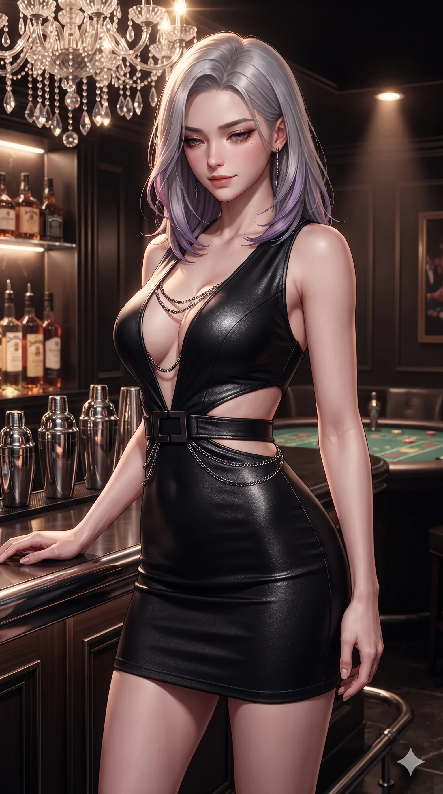 score_9, masterpiece, best quality, ultra-detailed, high-budget anime keyframe, editorial fashion photography, tasteful artistic composition, Caucasian woman. close-up cowboy shot from the waist and thighs up, the character dominates the composition, filling the frame with her large presence. looking down with lowered lashes and a composed, powerful dark aura, her tailored outfit tracing her curves while standing tall beside the high-roller private salon bar, arching her spine with sovereign dark glamour as chandelier prisms glint in her hair. The surrounding environment is rendered in vivid detail and crisp panoramic clarity: detailed backless liquid vinyl slip dress cling, sculpted chrome rings, and opulent private salon decor in razor-sharp precision. She has an exceptionally elegant, slender, and willowy female figure with an ultra-slim waist, flat toned midriff, narrow ribcage, and sculpted feminine hips creating an alluring, slim hourglass silhouette without bulk. sharp v-shaped jawline, high-bridge nose, intricate jewel-like dark sparkling eyes with hypnotic seductive depth, thick curled eyelashes, glossy parted lips with a natural wine sheen, alluring bedroom-eyes with an enigmatic smoldering smile, exuding magnetic sovereign charisma and dark avant-garde glamour, flawlessly proportioned anatomical accuracy, strict slender model proportions, natural body alignment, perfectly sculpted long slender limbs, ultra-slim waistline, clean dynamic posture without body distortion. wearing a slinky deep-V liquid dark jersey cocktail dress with waist cutout accentuating her curves in pure obsidian monochrome with subtle metallic sheen, woven from bespoke high-density barathea wool with refined ceremonial hold, framed by dark titanium buckles and silver chain details, the liquid-tight tailored fabric clinging flawlessly to her narrow waist and rounded feminine hips, emphasizing every millimeter of her sculpted slim hourglass curves without any bulky heaviness. bathed in warm, focused pin-spot lighting over the black gaming tables contrasted with pitch-black intimate lounge shadows. ultra-reflective glossy finish, specular highlights, metallic sheen, high-contrast stereoscopic depth, volumetric dynamic lighting, 2k, ultra detail, master piece, 9:16 ratio