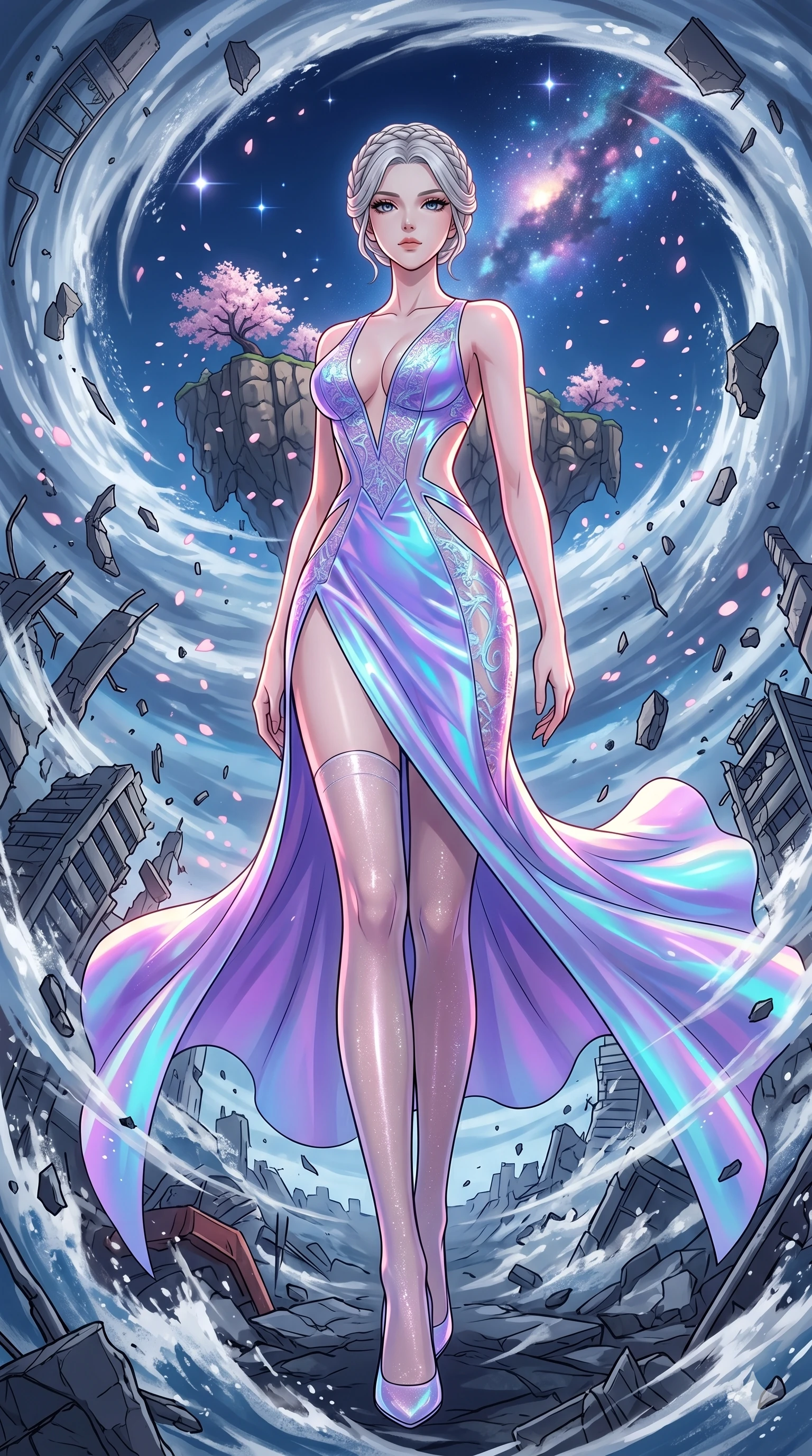 score_9, masterpiece, best quality, ultra-detailed, High-budget Anime Keyframe, vibrant colors, fluid line-art, expressive lighting, cinematic composition, Ufotable-style visual effects, top-tier animation quality, Japanese woman with delicate and elegant anime-inspired features. Dynamic full-body shot stretching the vertical silhouette, capturing her from a powerful low-angle perspective. Standing in the eye of a terrifying hurricane with absolute calm, the debris of a destroyed city circling her in a violent vortex. She has an absolutely perfect 8-heads proportion, an exceptionally tall and slender female figure with impossibly long slender legs and an ultra-slim waist, her statuesque height and towering silhouette dominating the vertical 9:16 frame. Her face is a masterpiece featuring a sharp v-shaped jawline, high-bridge nose, intricate jewel-like eyes with depth, thick eyelashes, and glossy lips with a natural sheen. She is wearing a Holographic lace evening gown with a dangerously high slit and a plunging neckline crafted from Iridescent vinyl with a futuristic sheen that shifts between violet and cyan, featuring strategic side cut-outs that emphasize her ultra-slim waist and hips. The scene is set in an ancient floating island with pink cherry blossoms falling like snow against a blue sky, illuminated by flickering starlight and nebula glow providing a mystical and vast ambiance. 2k, ultra detail, master piece, 9:16 ratio