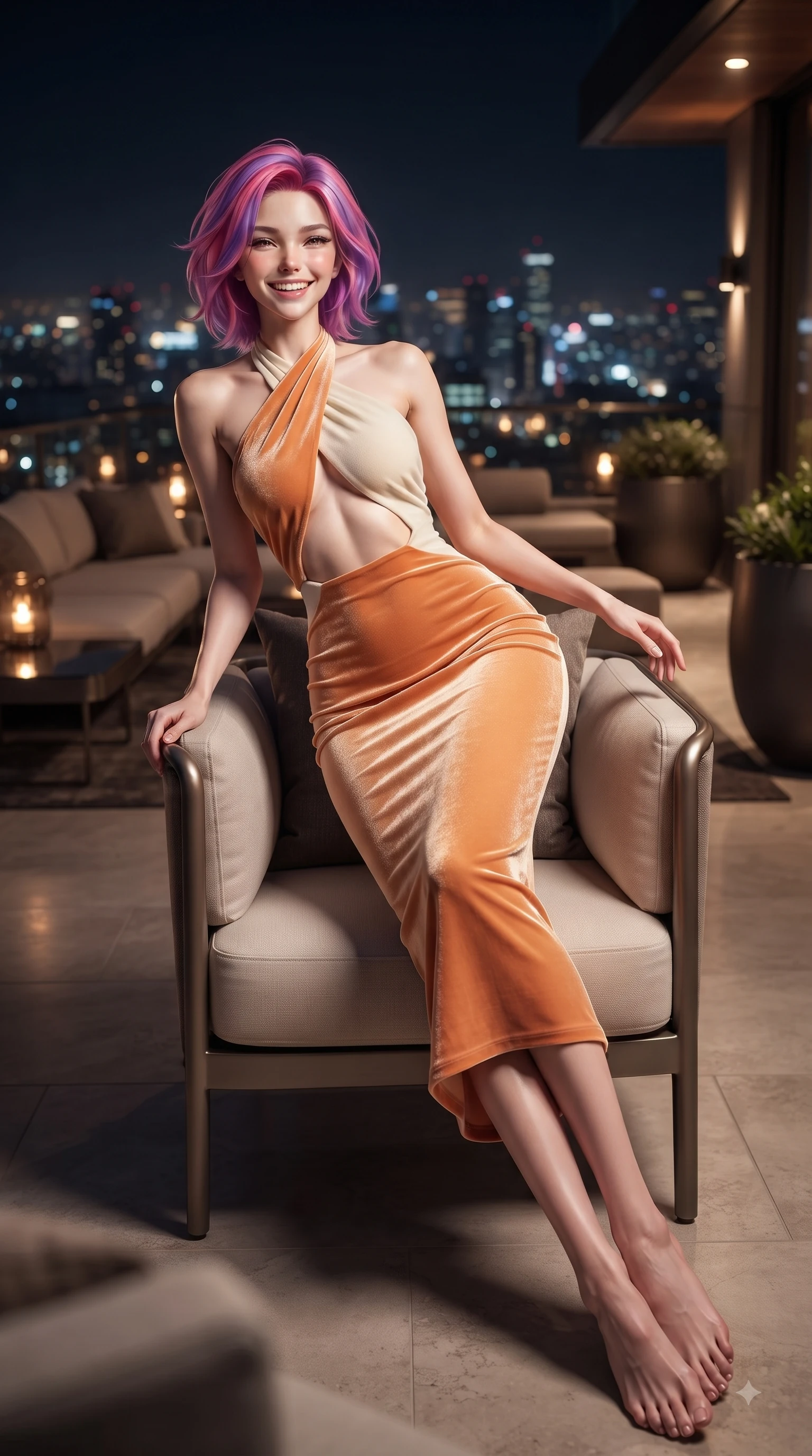 score_9, masterpiece, best quality, ultra-detailed, high-budget anime keyframe, editorial fashion photography, tasteful artistic composition, Caucasian woman. low angle full-body shot from head to toe showing her feet, filling the entire 9:16 vertical frame with her statuesque presence, stretching her vertical silhouette. pivoting dynamically with a fresh infectious smile, her ultra-slim waist creating a sweeping fluid curve while lounging in a plush designer chair under warm ambient outdoor terrace lights. The surrounding environment is rendered in vivid detail and crisp panoramic clarity. vibrant city lights and stylish terrace lounge decor captured with environmental precision. She has an absolutely perfect, statuesque 8.5-heads proportion, an exceptionally tall and slender model-like female figure with impossibly long slender legs and an ultra-slim waist. sharp v-shaped jawline, high-bridge nose, intricate jewel-like eyes with depth, thick eyelashes, glossy lips with a natural sheen, flawlessly proportioned anatomical accuracy, natural body alignment, perfectly sculpted elegant limbs, clean dynamic posture without body distortion. wearing a velvet halter-neck midi dress fitting her statuesque contour flawlessly in warm apricot orange and cream white, knitted from soft cozy cashmere yarn, complemented by clean architectural cutouts along her slender torso, the elegant draped fit framing her graceful clavicle and slender torso. surrounded by a sophisticated, glamorous, and modern nightlife aura. ultra-reflective glossy finish, specular highlights, metallic sheen, high-contrast stereoscopic depth, volumetric dynamic lighting, 2k, ultra detail, master piece, 9:16 ratio