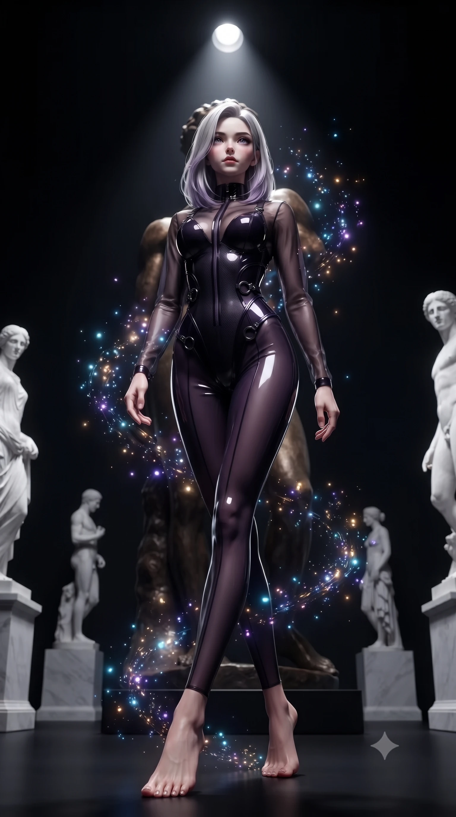 score_9, masterpiece, best quality, ultra-detailed, high-budget anime keyframe, editorial fashion photography, tasteful artistic composition, Caucasian woman. low angle full-body shot from head to toe showing her feet, filling the entire 9:16 vertical frame with her statuesque presence, stretching her vertical silhouette. interacting with glowing light particles, her long slender legs poised in motion, poised before a giant abstract bronze statue in a pitch-black gallery hall, white marble classical statues framing her statuesque, model-like figure. She has an absolutely perfect, statuesque 8.5-heads proportion, an exceptionally tall and slender model-like female figure with impossibly long slender legs and an ultra-slim waist. sharp v-shaped jawline, high-bridge nose, intricate jewel-like eyes with depth, thick eyelashes, glossy lips with a natural sheen. wearing second-skin matte carbon-fiber combat suit in onyx black in dark plum violet, made of sheer dark organza overlay, trimmed with dark chrome ring hardware along the waist contours, highlighting her statuesque proportions and ultra-slim waistline. illuminated by a single dramatic theatrical spotlight from directly overhead. ultra-reflective glossy finish, specular highlights, metallic sheen, high-contrast stereoscopic depth, volumetric dynamic lighting, 2k, ultra detail, master piece, 9:16 ratio