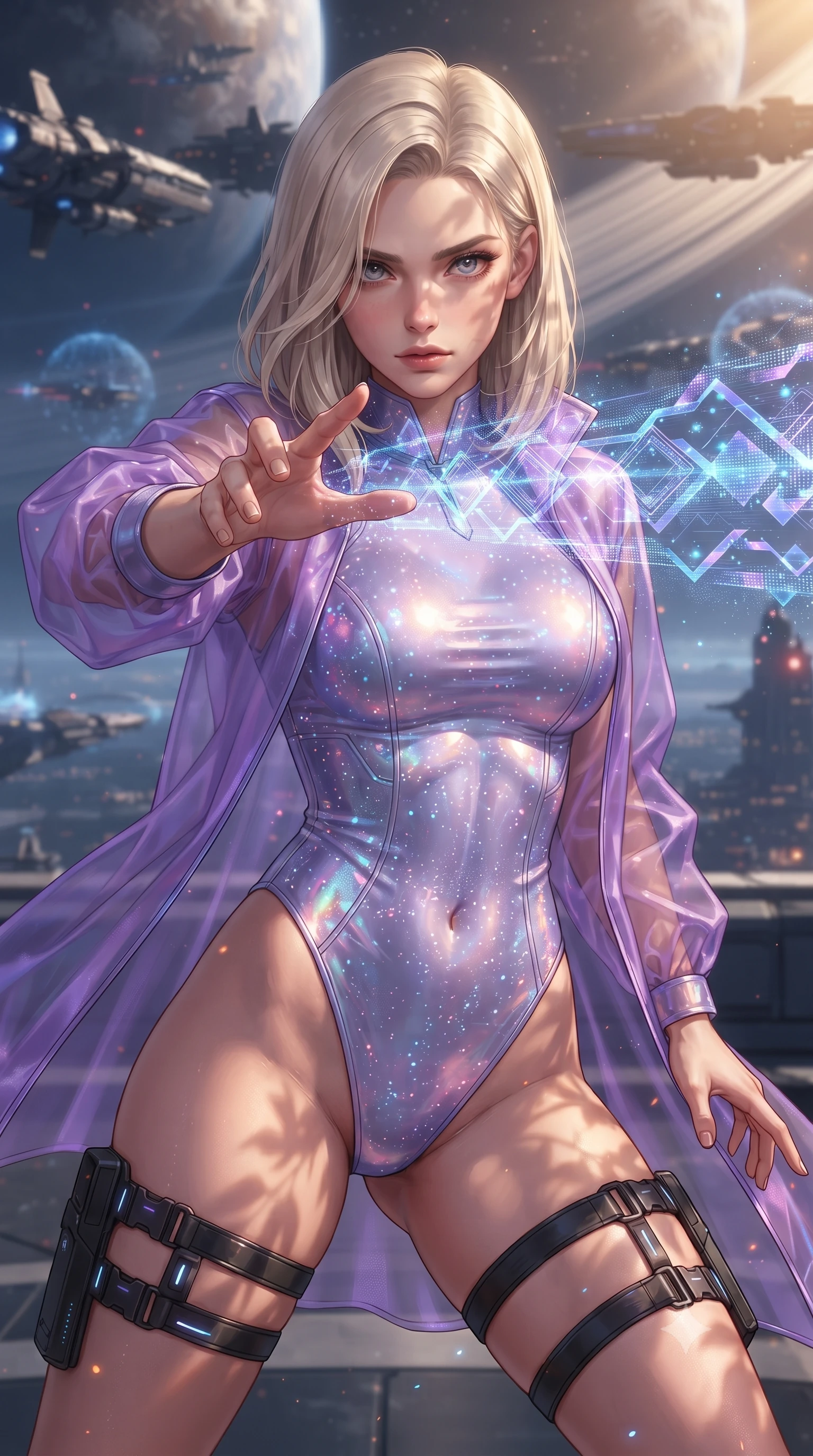 score_9, masterpiece, best quality, ultra-detailed, high-budget anime keyframe, editorial fashion photography, tasteful artistic composition, realistic cosplay photography, Caucasian woman, strictly human ears. close-up cowboy shot from the waist and thighs up, the character dominates the composition, filling the frame with her large presence, background elements kept in soft focus. Casting a digital tracking wave with an outstretched hand, her gaze locked on the escaping target. set against a soft-focus background of a high-altitude platform overlooking a planetary ring dock, energy fields humming all around. She has an exceptionally elegant and slender, willowy female figure with an ultra-slim waist, a gracefully sculpted slender torso, and a refined slim physique. sharp v-shaped jawline, high-bridge nose, intricate jewel-like eyes with depth, thick eyelashes, glossy lips with a natural sheen. wearing catching and diffusing the glowing particles, shimmering softly in response to the surrounding light, a tailored holographic lavender bodysuit with high-cut legs, under a sheer violet organza jacket and black thigh straps. warm golden afternoon sunbeams casting soft organic leaf shadows across her skin. ultra-reflective glossy finish, specular highlights, metallic sheen, high-contrast stereoscopic depth, volumetric dynamic lighting, 2k, ultra detail, master piece, 9:16 ratio