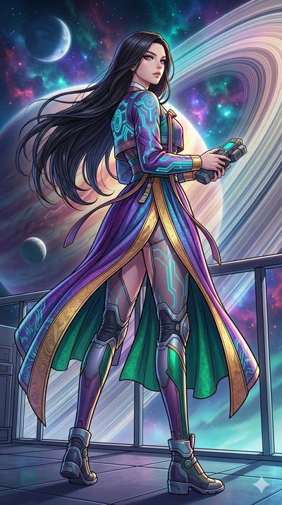score_9, masterpiece, best quality, ultra-detailed, high-budget anime movie keyframe, cinematic anime lighting, intricate line art, Caucasian (strictly human ears) woman. Low angle cowboy shot capturing a powerful motion and statuesque presence. surv