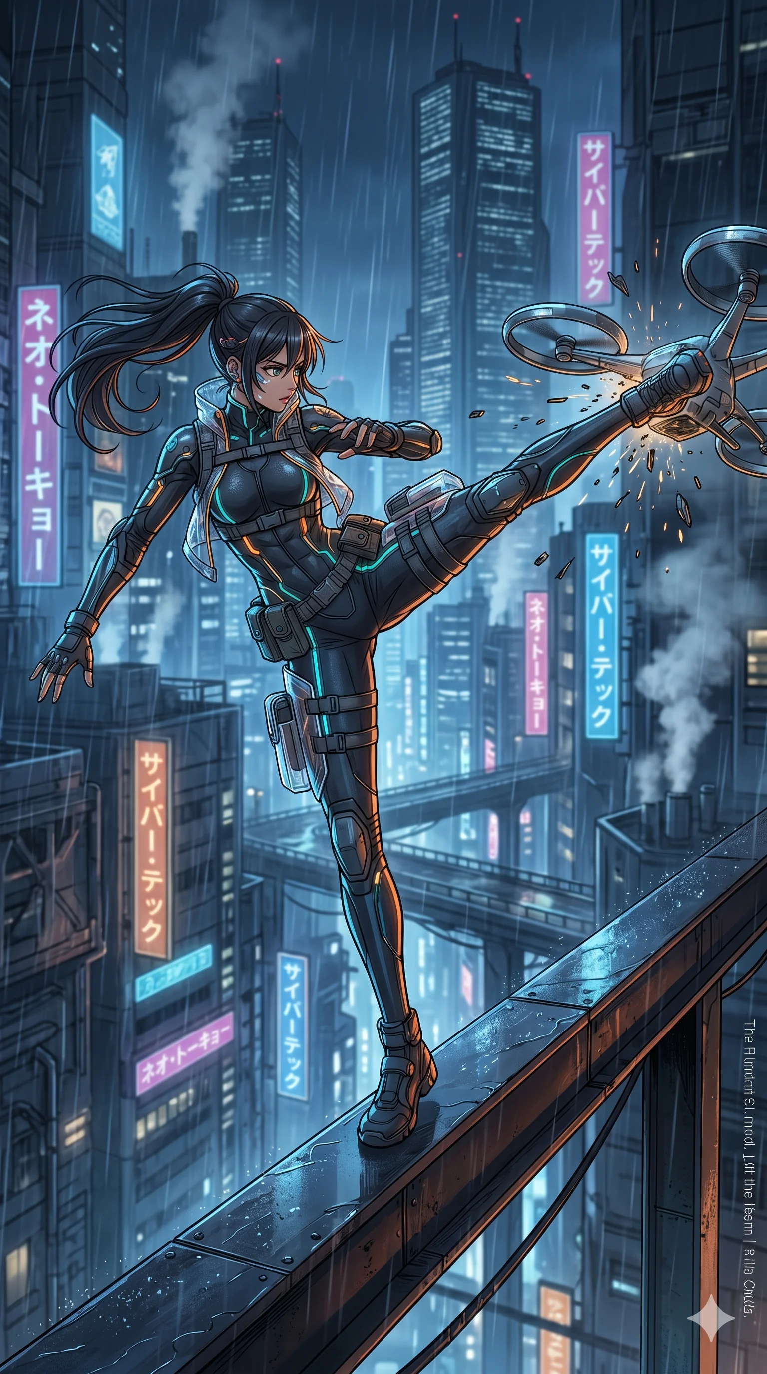 score_9, masterpiece, best quality, ultra-detailed, high-budget anime movie keyframe, cinematic anime lighting, intricate line art, Japanese anime girl. Mid-air action shot capturing a graceful twist and vertical silhouette. kicking a drone out of the air while balancing on a narrow beam. She has an absolutely perfect 8-heads proportion, an exceptionally tall and slender female figure with an ultra-slim waist and impossibly long slender legs. strictly human anatomy, two legs only, no extra limbs, clearly defined legs and arms, perfect anatomy, perfect hands and fingers. sharp v-shaped jawline, high-bridge nose, intricate jewel-like eyes, thick eyelashes, glossy lips. Wearing Tech-Fantasy: Cybernetic tech-suit with glowing seams, translucent PVC over leotard, and modular tactical gear. The scene is illuminated by dramatic atmospheric lighting and vibrant color palettes. , 2k, ultra detail, master piece, 9:16 ratio