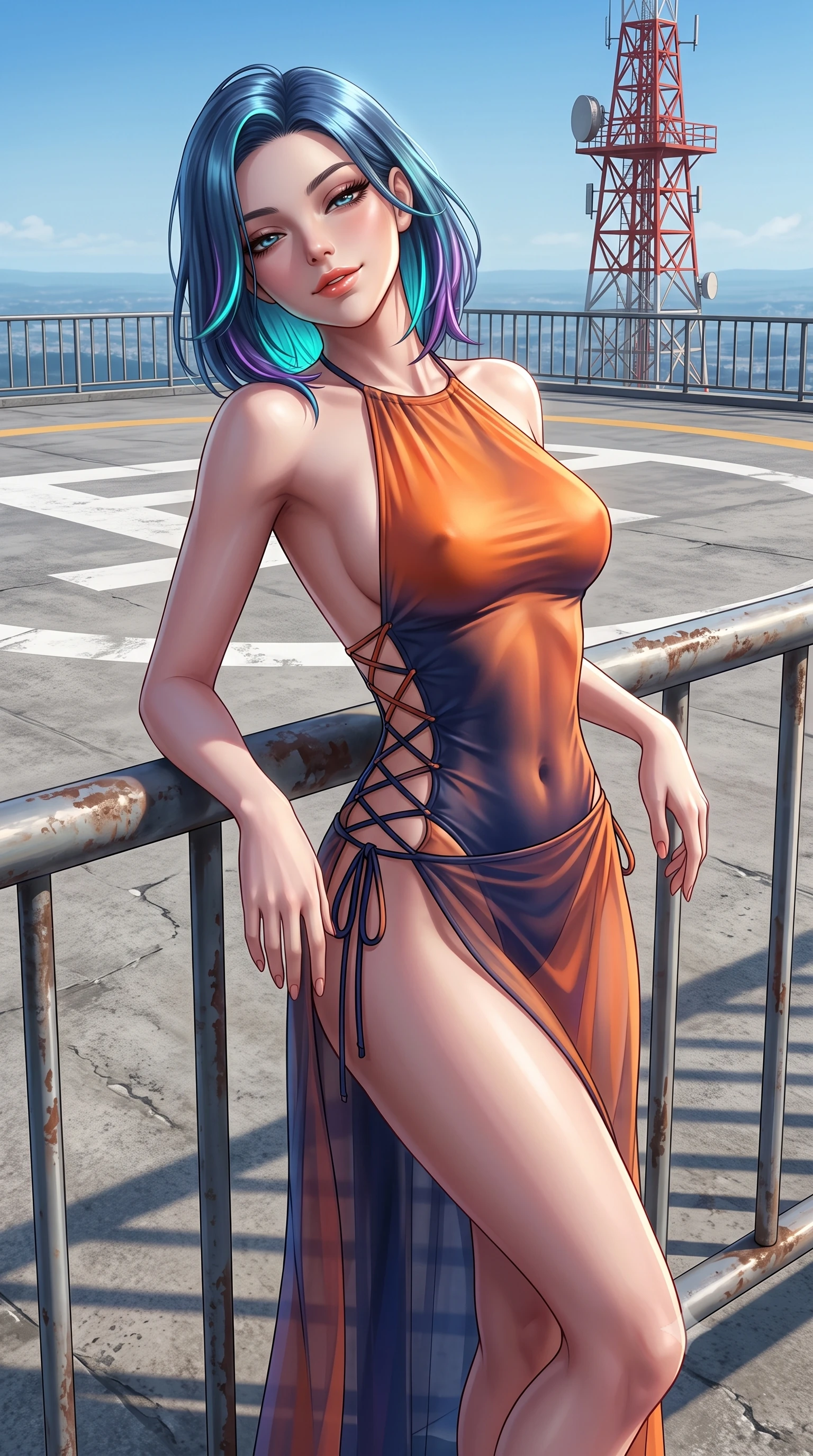 score_9, masterpiece, best quality, ultra-detailed, high-budget anime keyframe, semi-realistic 3D game render, editorial fashion photography, tasteful artistic composition, Caucasian woman. close-up cowboy shot from the waist and thighs up, the character dominates the composition, filling the frame with her large presence. leaning back against the balustrade with relaxed seductive grace, head tilted back slightly while casting a hypnotic, heavy-lidded gaze while standing tall on the giant painted rooftop helipad with hips cocked back, arching her spine with effortless supermodel poise against the red tower. The surrounding environment is rendered in vivid detail and crisp panoramic clarity: sharp concrete helipad surface texture, metal perimeter railing, and distant telecommunications antenna clarity in deep focus. She has an exceptionally elegant, slender, and willowy female figure with an ultra-slim waist, flat toned midriff, narrow ribcage, and sculpted feminine hips creating an alluring, slim hourglass silhouette without bulk. sharp v-shaped jawline, high-bridge nose, sparkling eyes with hypnotic seductive depth, thick curled eyelashes, glossy parted lips with a natural dewy peach sheen, alluring bedroom-eyes with an enchanting coquettish smile, exuding magnetic siren charisma and sophisticated glamour, flawlessly proportioned anatomical accuracy, strict slender model proportions, natural body alignment, perfectly sculpted long slender limbs, ultra-slim waistline, clean dynamic posture without body distortion. wearing a liquid-tight backless silk halter leotard styled with a sheer wrap overskirt revealing her long slender legs and hip curve in sunset tangerine orange and deep navy indigo, woven from buttery-soft stretch lambskin leather adhering to her body like a second skin, featuring fine criss-cross lace-up side ties revealing tantalizing glimpses of her hip curve, the glove-like clinging cut tightly following the natural contour of her hips and long slender legs with youthful 8.5-heads elegance. illuminated by helipad floodlight bounce and sharp platinum rim lights sculpting her jawline, flat midriff, and curvaceous hips. highly saturated vibrant anime colors, detailed shading with soft gradients, rich glossy textures, high-contrast stereoscopic depth, volumetric dynamic lighting, master piece, 9:16 ratio