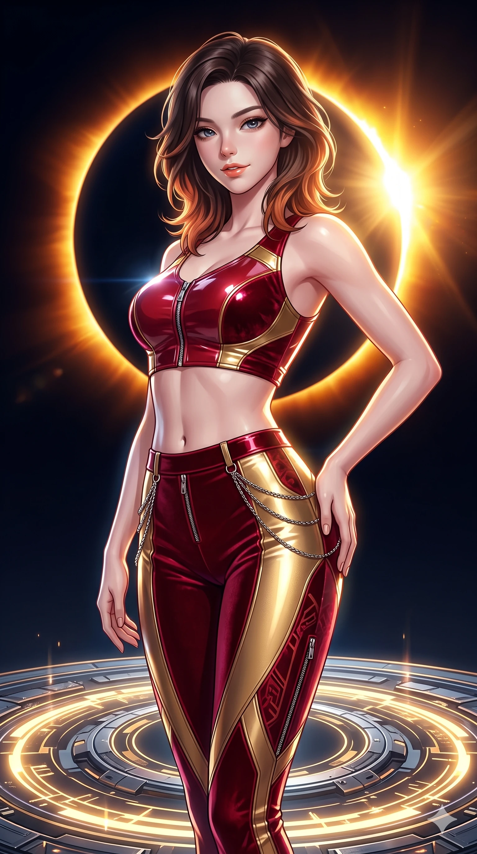 score_9, masterpiece, best quality, ultra-detailed, high-budget anime keyframe, semi-realistic 3D game render, editorial fashion photography, tasteful artistic composition, Korean woman. close-up cowboy shot from the waist and thighs up, the character dominates the composition, filling the frame with her large presence. tilting her head with a teasing half-smile, running one hand slowly down the side of her hip in a flirtatious S-curve as ambient light caresses her silhouette while standing poised on the glowing orbital ring platform as a total solar eclipse casts a blinding golden corona flare across deep space, arching her spine with breathtaking anime heroine allure. The surrounding environment is rendered in vivid detail and crisp panoramic clarity: sharp concentric ring track segments, solar prominence filaments, and crisp shadow edges in deep focus. She has an exceptionally elegant, slender, and willowy female figure with an ultra-slim waist, flat toned midriff, narrow ribcage, and sculpted feminine hips creating an alluring, slim hourglass silhouette without bulk. sharp v-shaped jawline, high-bridge nose, intricate jewel-like sparkling eyes with depth, thick eyelashes, glossy parted lips with a natural peach sheen, bright cheerful beaming smile with an enchanting and coquettish sensual glint, exuding both youthful cute charm and seductive allure, flawlessly proportioned anatomical accuracy, strict slender model proportions, natural body alignment, perfectly sculpted long slender limbs, ultra-slim waistline, clean dynamic posture without body distortion. wearing a glossy vinyl crop top and high-waist tailored leggings with sleek chrome zippers and exposed midriff in royal opera crimson velvet and burnished gold, tailored from high-gloss patent leather with mirror-like specular highlights, accented with an open-back drape framed by falling strands of delicate chrome chains, the bespoke structured tailoring following the natural line of her 8.5-heads silhouette with refined elegance. bathed in the blinding warm golden 4500K synchrotron radiance of the solar corona contrasted with deep jet-black space void. highly saturated vibrant anime colors, detailed shading with soft gradients, rich glossy textures, high-contrast stereoscopic depth, volumetric dynamic lighting, master piece, 9:16 ratio