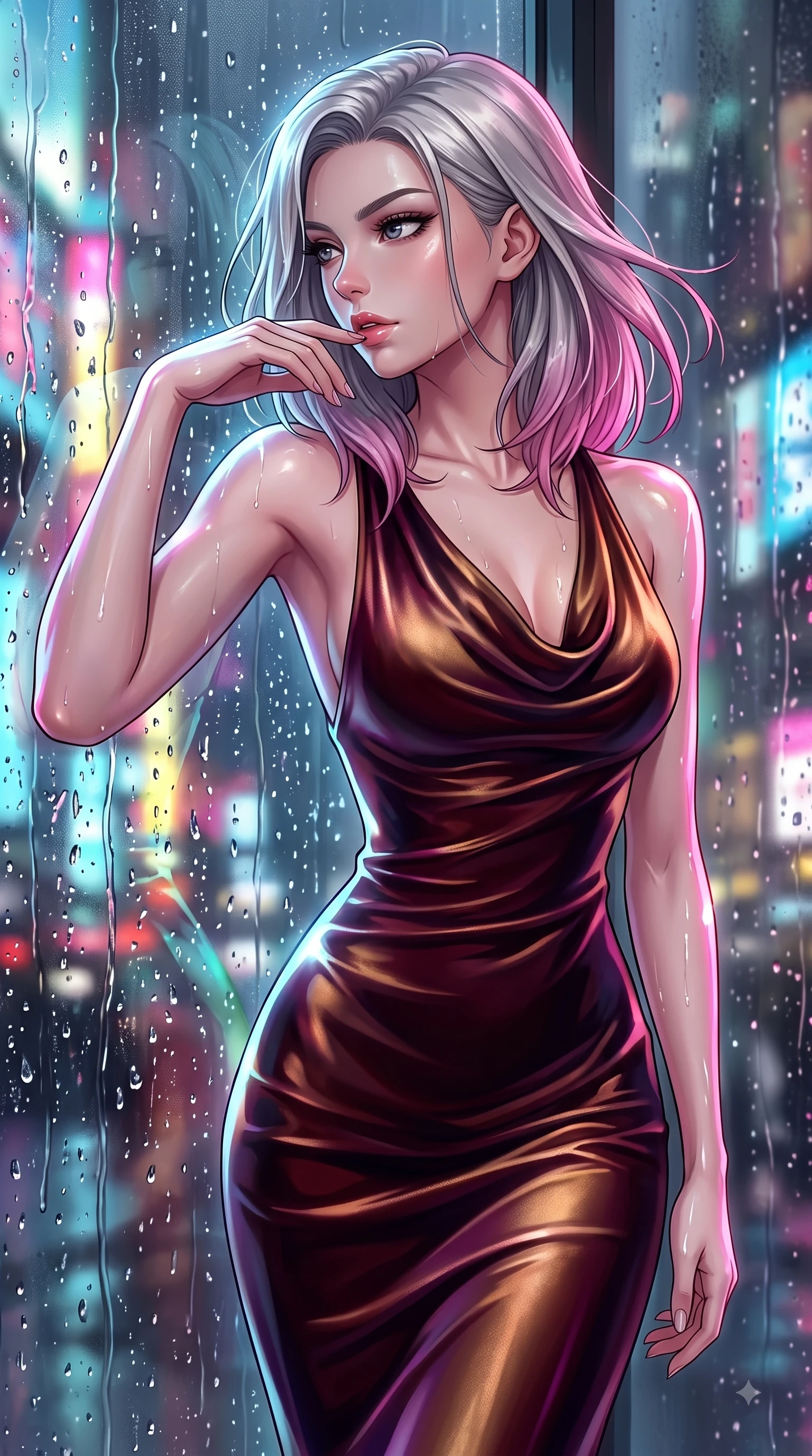 score_9, masterpiece, best quality, ultra-detailed, high-budget anime keyframe, editorial fashion photography, tasteful artistic composition, Caucasian woman. close-up cowboy shot from the waist and thighs up, the character dominates the composition, filling the frame with her large presence, background elements kept in soft focus. Resting two fingers near her glossy lips, casting a sharp mysterious side-gaze during her dynamic motion while leaning against a wet glass window as rain droplets catch intense specular highlights, rain droplets glistening on the window glass with colorful neon city reflections. She has an exceptionally elegant, slender, and willowy female figure with an ultra-slim waist, a gracefully sculpted slender torso, and a refined silhouette. sharp v-shaped jawline, high-bridge nose, intricate jewel-like eyes with depth, thick eyelashes, glossy lips with a natural sheen, flawlessly proportioned anatomical accuracy, natural body alignment, perfectly sculpted elegant limbs, clean dynamic posture without body distortion. wearing an elegant cowl-neck satin midi dress with a graceful draped neckline in deep burgundy and bronze, made of premium stretch velvet with a rich sheen, accented with a Tasteful chest slit framing her clavicle gracefully, the glove-like fit emphasizing her statuesque silhouette during motion. drenched in wet neon reflections with brilliant specular highlights on her silhouette. highly saturated vibrant anime colors, detailed shading with soft gradients, rich glossy textures, high-contrast stereoscopic depth, volumetric dynamic lighting, master piece, 9:16 ratio