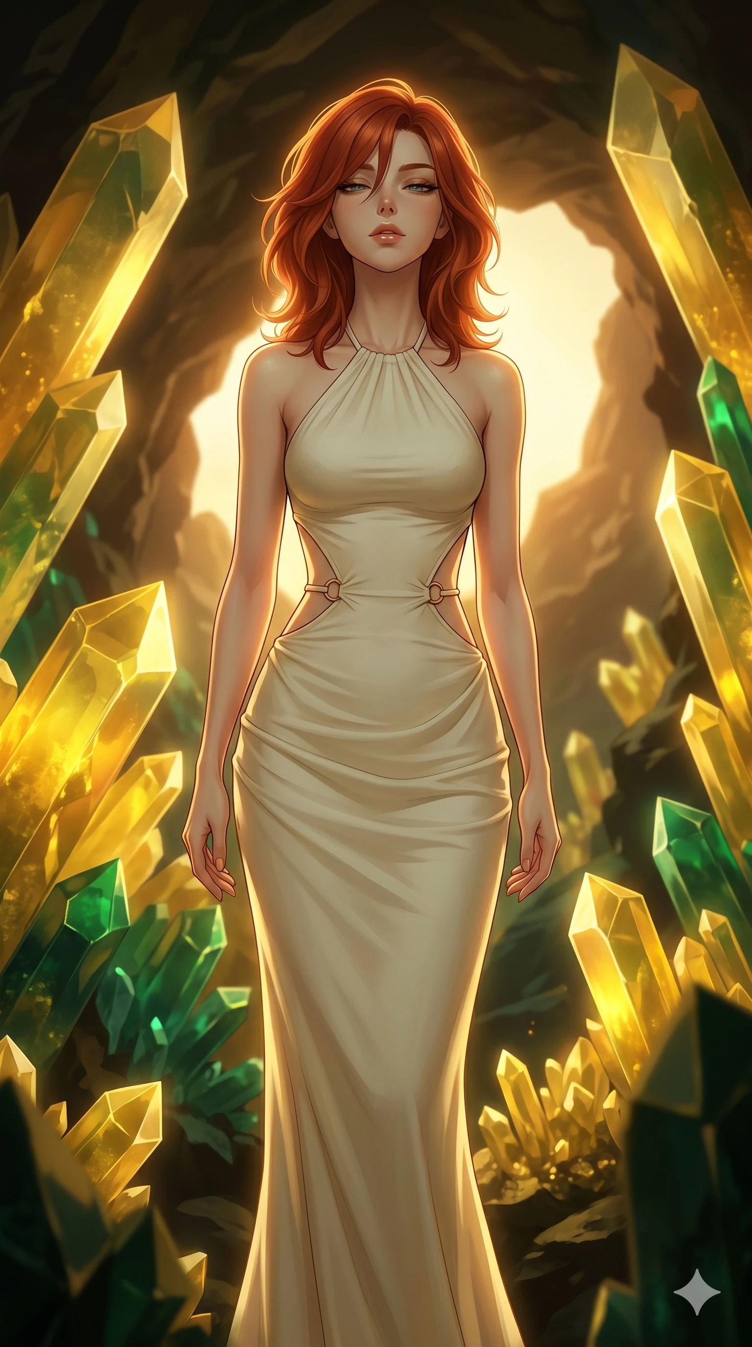 score_9, masterpiece, best quality, ultra-detailed, high-budget anime keyframe, editorial fashion photography, tasteful artistic composition, Korean woman. cowboy shot from the thighs up, character and outfit filling the frame for maximum editorial presence. Arching her neck slightly with her eyes half-closed in composure inside a cave of giant sulfur crystals casting a warm yellow and emerald glow. She has an absolutely perfect 8-heads proportion, an exceptionally tall and slender female figure with impossibly long slender legs and an ultra-slim waist. V-shaped jawline, high-bridge nose, intricate jewel-like eyes with depth, thick eyelashes, glossy lips with a natural sheen. wearing a floor-length draped gown in ivory crepe with a halter neckline and delicate geometric cutouts at the sides of the waist framed by gold-tone rings. under warm golden hour backlighting creating a luminous radiant halo around her silhouette. 2k, ultra detail, master piece, 9:16 ratio