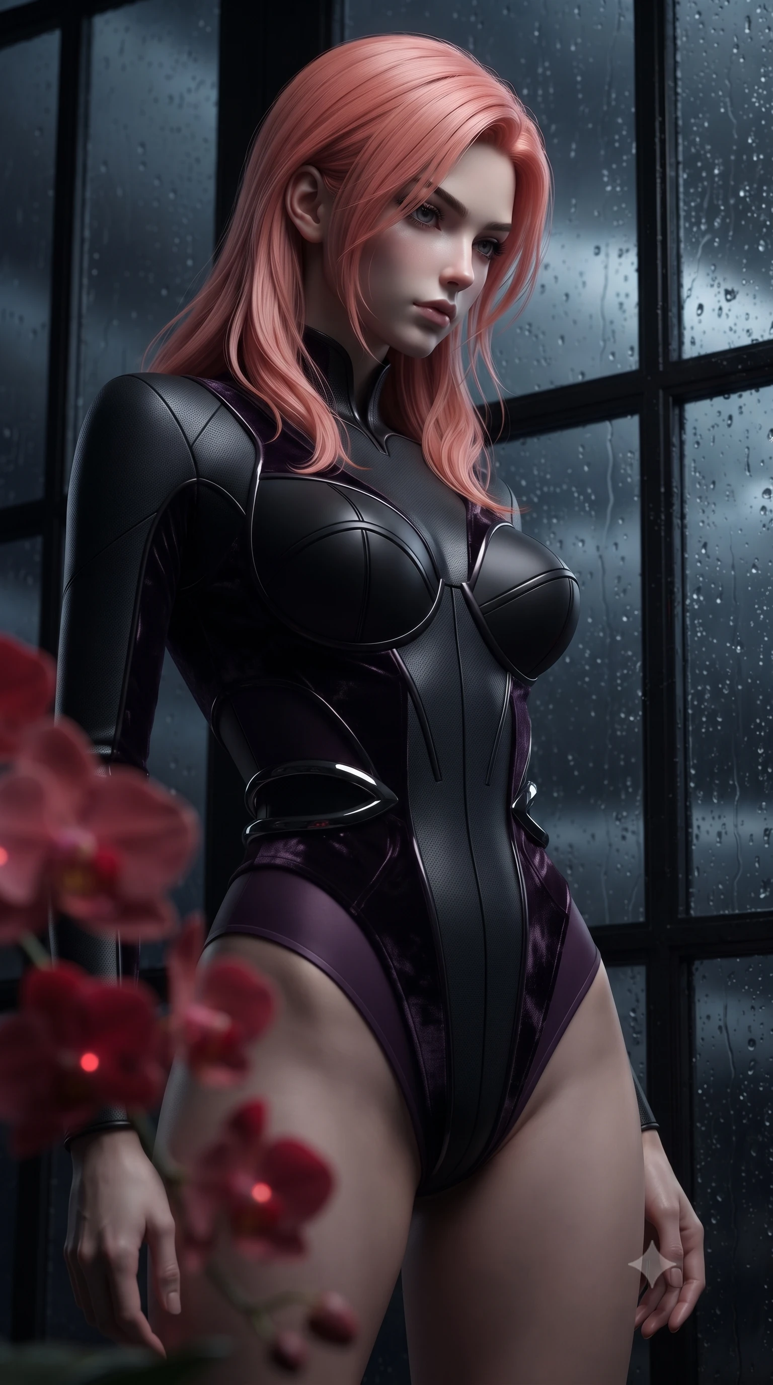 score_9, masterpiece, best quality, ultra-detailed, high-budget anime keyframe, editorial fashion photography, tasteful artistic composition, Japanese woman. close-up cowboy shot from the waist and thighs up, the character dominates the composition, filling the frame with her large presence, background elements kept in soft focus. Looking down with lowered lashes and a composed, powerful dark aura, looking up at a stormy midnight sky through dark glass panes covered in raindrops, blooming red orchids casting subtle bioluminescent ruby highlights. She has an exceptionally elegant, slender, and willowy female figure with an ultra-slim waist, a gracefully sculpted slender torso, and a refined silhouette. sharp v-shaped jawline, high-bridge nose, intricate jewel-like eyes with depth, thick eyelashes, glossy lips with a natural sheen. wearing sculpted structured cup bodysuit in matte black carbon-fiber with hip cutouts in dark plum violet, made of crushed dark silk velvet, accented with sculpted obsidian chrome rings at the waist, accentuating her gracefully sculpted slender torso. surrounded by dramatic chiaroscuro with sharp edge highlights on silk. ultra-reflective glossy finish, specular highlights, metallic sheen, high-contrast stereoscopic depth, volumetric dynamic lighting, 2k, ultra detail, master piece, 9:16 ratio