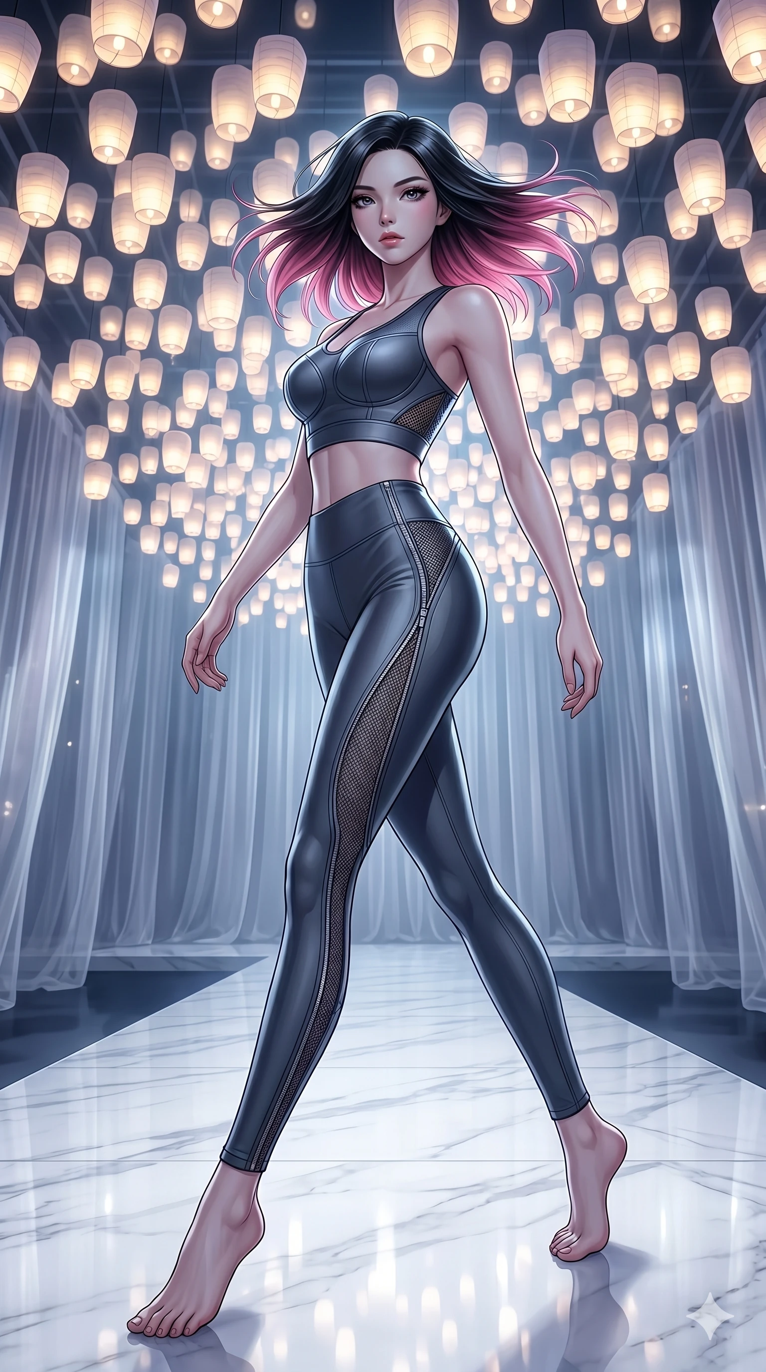 score_9, masterpiece, best quality, ultra-detailed, high-budget anime keyframe, editorial fashion photography, tasteful artistic composition, Korean woman. low angle full-body shot from head to toe showing her feet, filling the entire 9:16 vertical frame with her statuesque presence, stretching her vertical silhouette. Pivoting sharply mid-step with hair sweeping dramatically behind on a runway of polished white marble under a canopy of thousands of floating luminous lanterns. She has an absolutely perfect 8-heads proportion, an exceptionally tall and slender female figure with impossibly long slender legs and an ultra-slim waist. V-shaped jawline, high-bridge nose, intricate jewel-like eyes with depth, thick eyelashes, glossy lips with a natural sheen. wearing a high-performance fitted crop sports top in deep chrome grey with sculpted structured cups and a bold graphic mesh insert at the sides, paired with matching high-waist compression leggings with side chrome zip details. bathed in cold silver moonlight filtered through translucent gossamer curtains casting soft shadows on her curves. 2k, ultra detail, master piece, 9:16 ratio