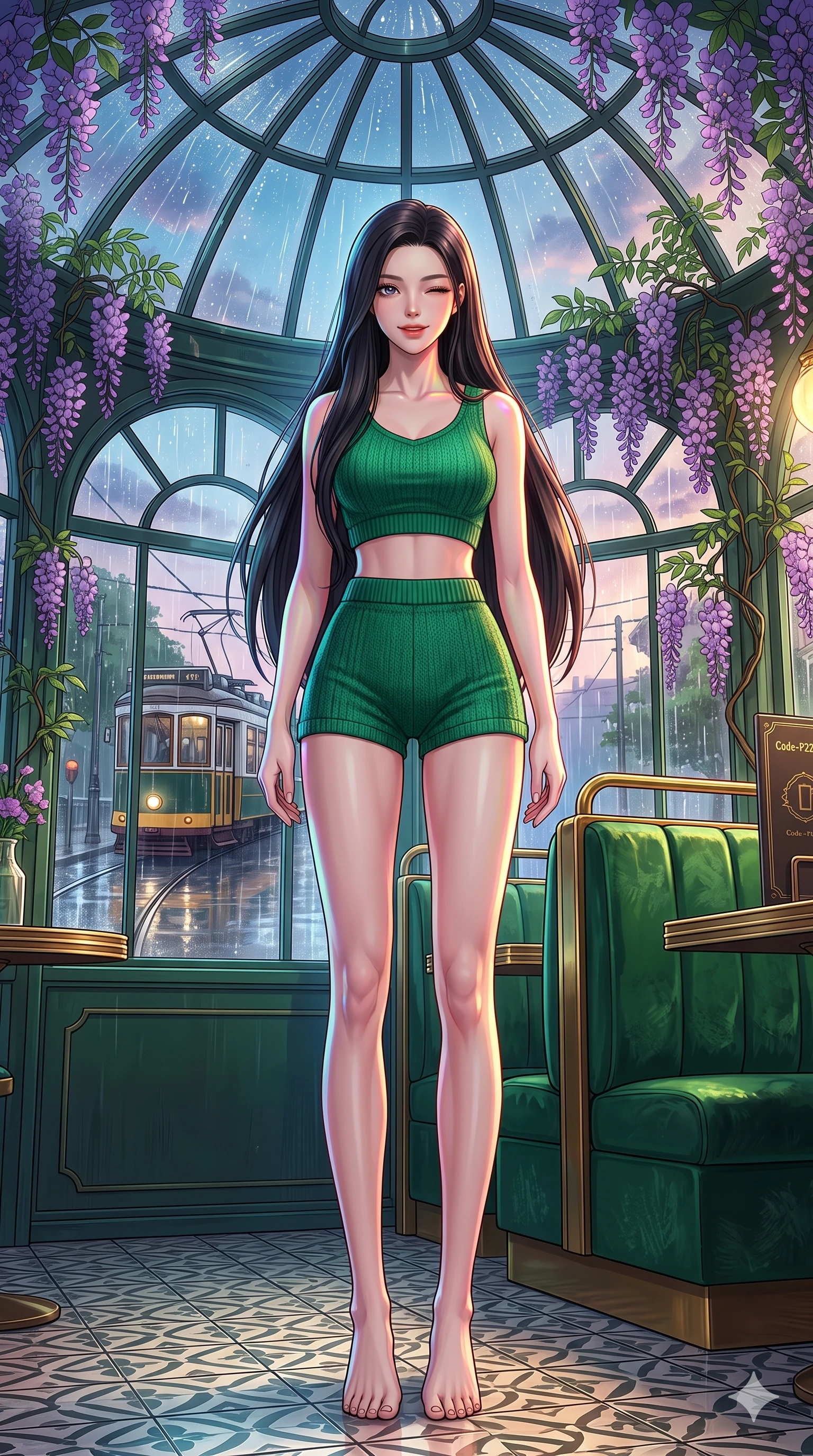 score_9, masterpiece, best quality, ultra-detailed, high-budget anime keyframe, vibrant anime aesthetic, Korean woman. low angle full-body shot from head to toe showing her feet, filling the entire 9:16 vertical frame with her statuesque presence, stretching her vertical silhouette. She is standing under wisteria vines, winking with a cheerful and lively face, looking directly into the lens under the glass conservatory dome. inside a retro-themed cafe corner with plush velvet booths and a view of rain-slicked tram tracks outside (Code-P22-051). She has an absolutely perfect 8-heads proportion, an exceptionally tall and slender female figure with impossibly long slender legs and an ultra-slim waist. V-shaped jawline, high-bridge nose, intricate jewel-like eyes with depth, thick eyelashes, glossy lips with a natural sheen. wearing a cropped knit top paired with matching knit shorts in emerald green. She is lit by vibrant twilight sky reflections, tracing her shoulders and neckline, outlining her perfect 8-heads proportion in the cozy indoor garden. 2k, ultra detail, master piece, 9:16 ratio