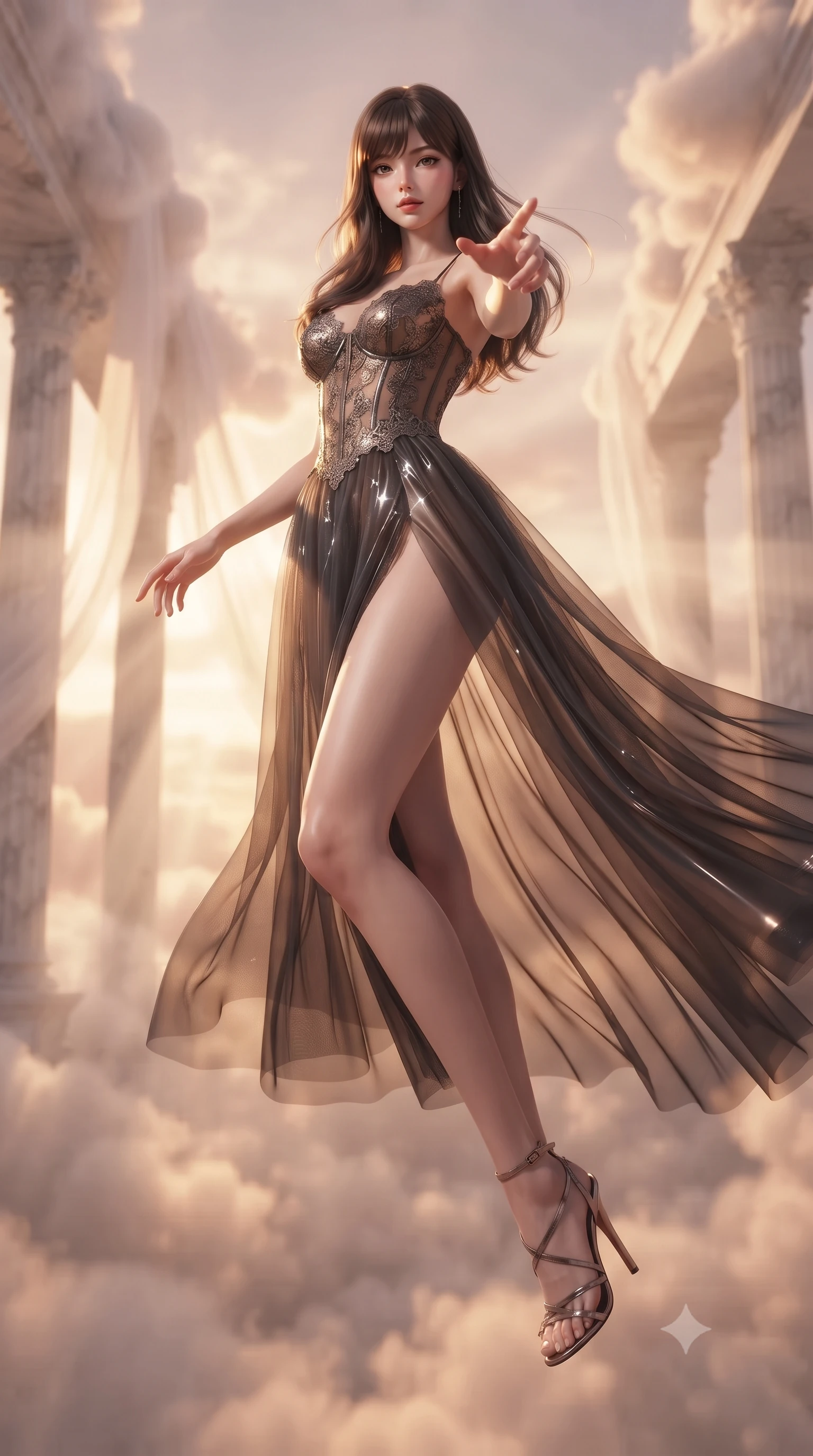 score_9, masterpiece, best quality, ultra-detailed, high-budget anime keyframe, editorial fashion photography, tasteful artistic composition, Korean woman woman. low angle full-body shot from head to toe showing her feet, filling the entire 9:16 vertical frame with her statuesque presence, stretching her vertical silhouette. She has an absolutely perfect, statuesque 8.5-heads proportion, an exceptionally tall and slender model-like female figure with impossibly long slender legs and an ultra-slim waist. floating dynamically in zero-gravity with flawless poise, reaching her hand forward gracefully, flawlessly proportioned anatomical accuracy, natural body alignment, perfectly sculpted elegant limbs, clean dynamic posture without body distortion. set against a soft-focus background of a rose-gold floating cloud sanctuary with marble colonnades. wearing a dark sheer tulle evening gown with an intricate lace corset and daring thigh-high slit. bathed in warm sunset sunbeams slicing through misty cloud drapes with a golden rim light. ultra-reflective glossy finish, specular highlights, metallic sheen, high-contrast stereoscopic depth, volumetric dynamic lighting, 2k, ultra detail, master piece, 9:16 ratio